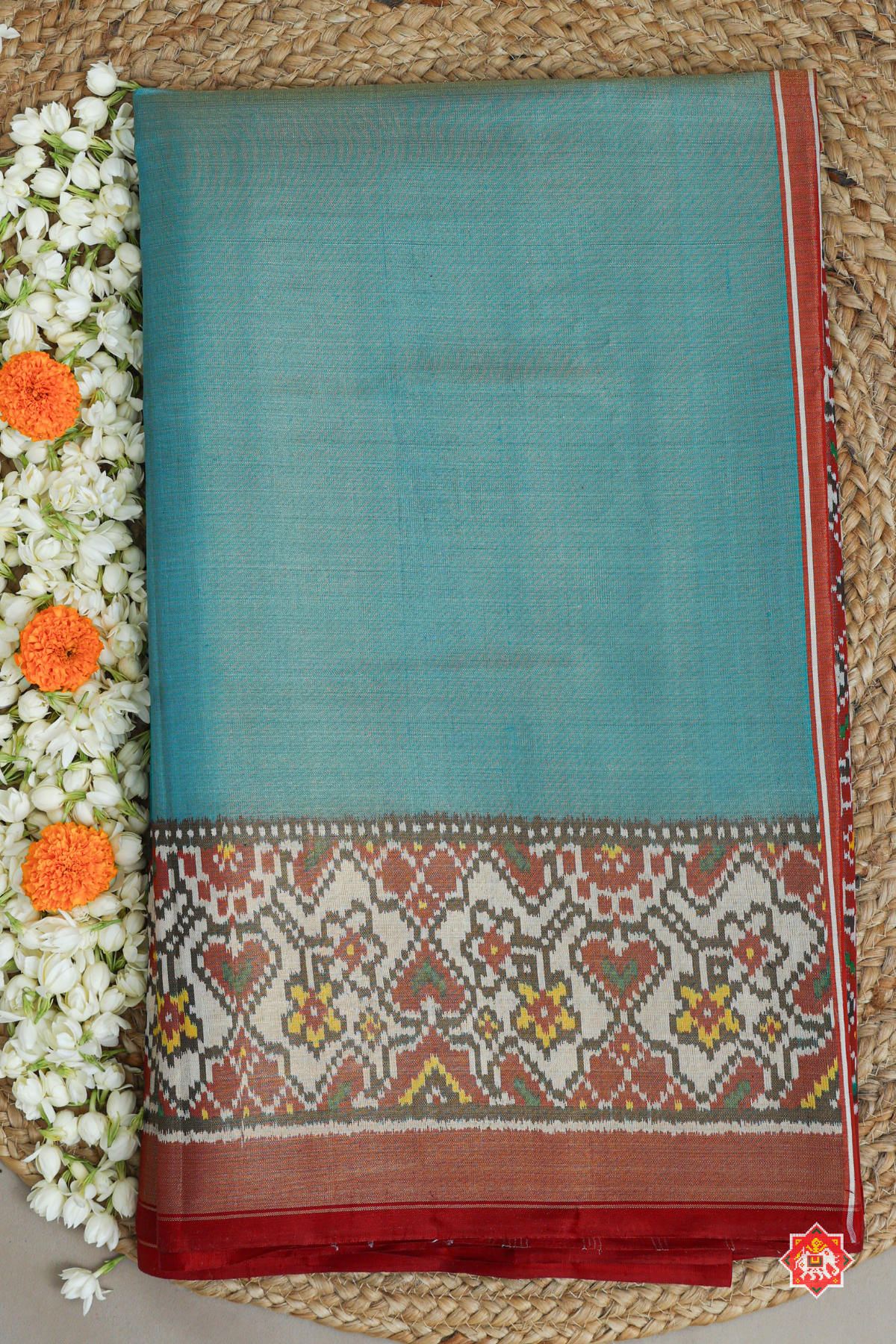 Plain c- green & blouse patola design with navratna border tissue patola saree