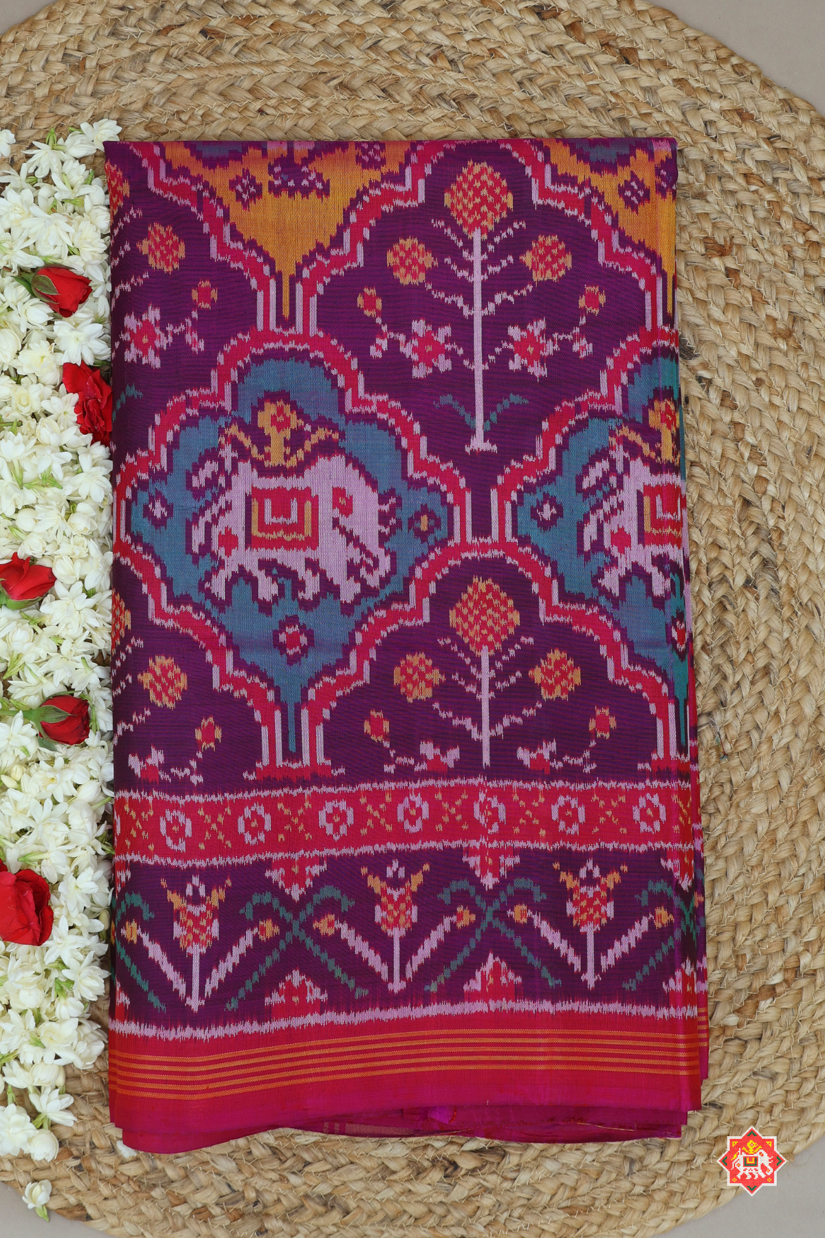 Masterpiece 3 motifs design with flowers border semi double ikat patola saree