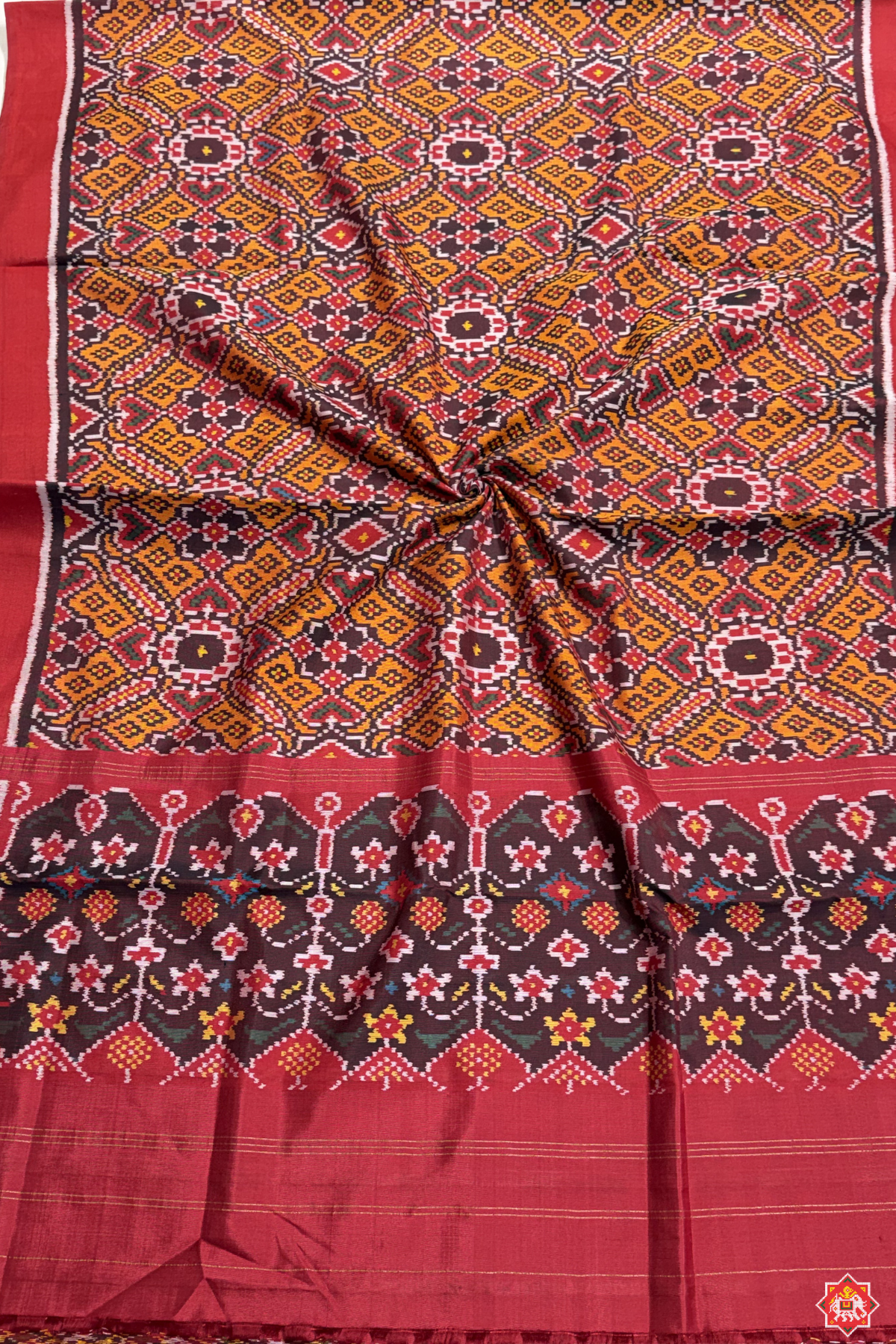 Manek chowk design with minakari work semi double ikat patola dupatta