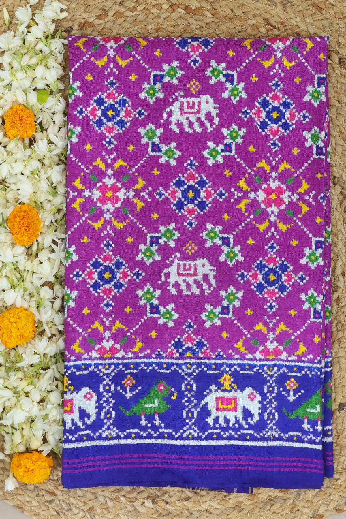 Patan patola traditional navratna design with elephent & border pallu motif design pure double ikat saree