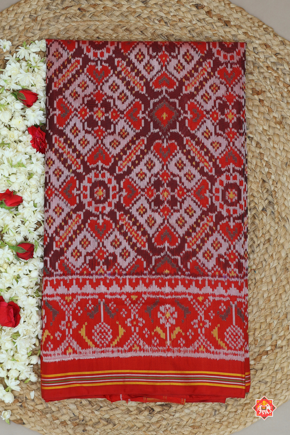 Manek chowk design with ghughroo border semi double ikat patola saree