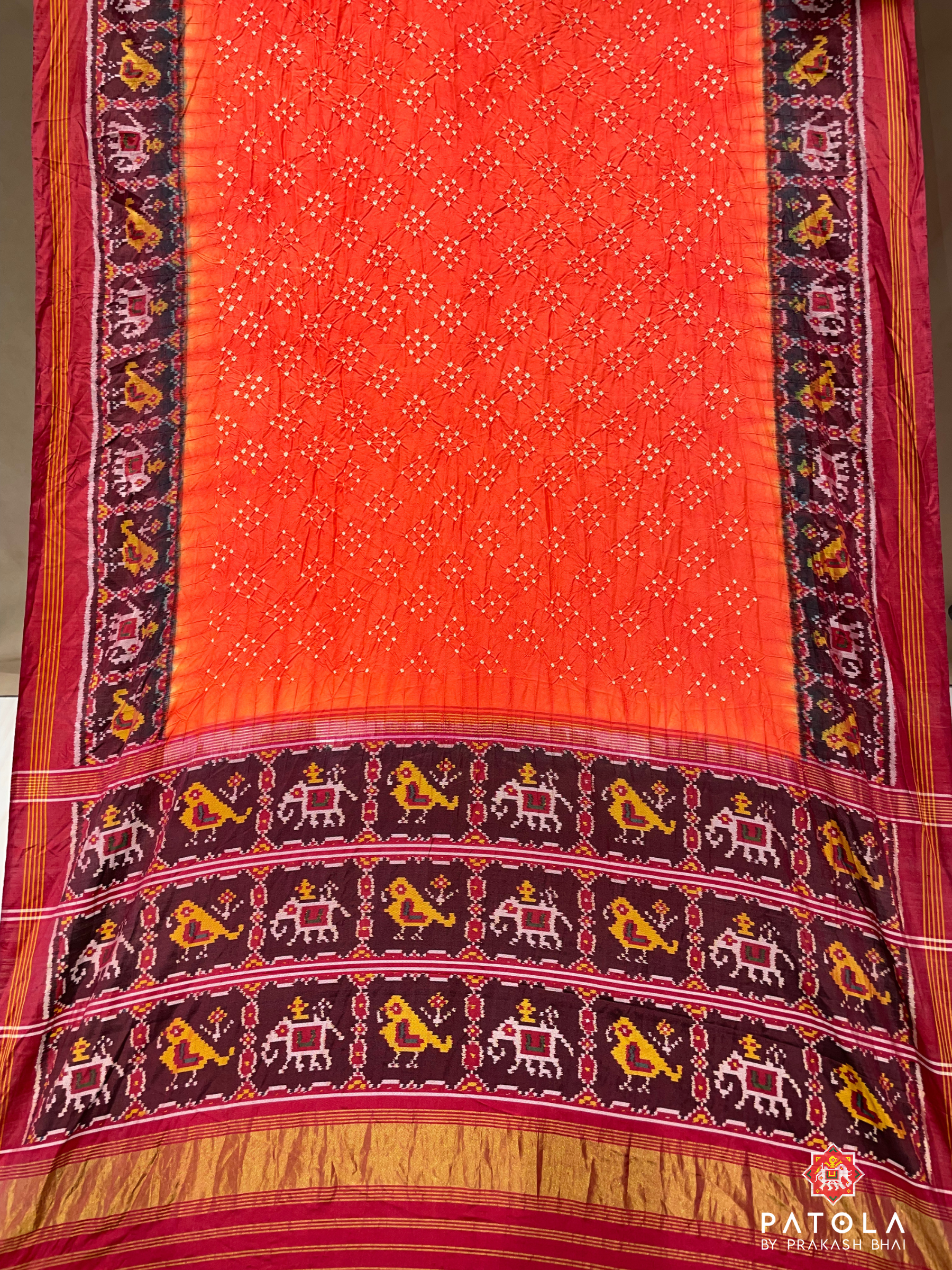 Hathi-Popat Border With Orange Small Bandhej Patola Saree