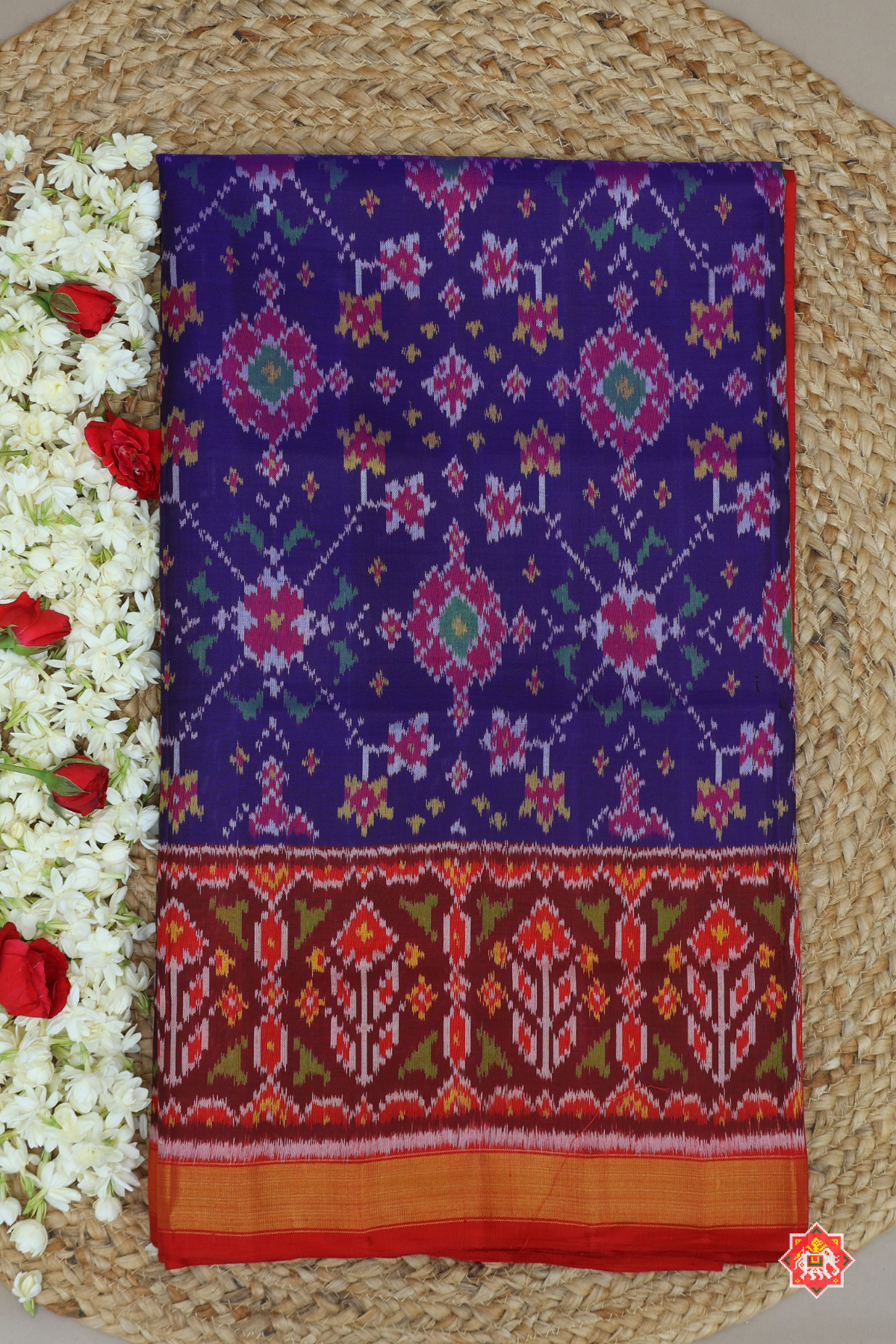 Traditional navratna design with minakari work tissue border single ikat patola