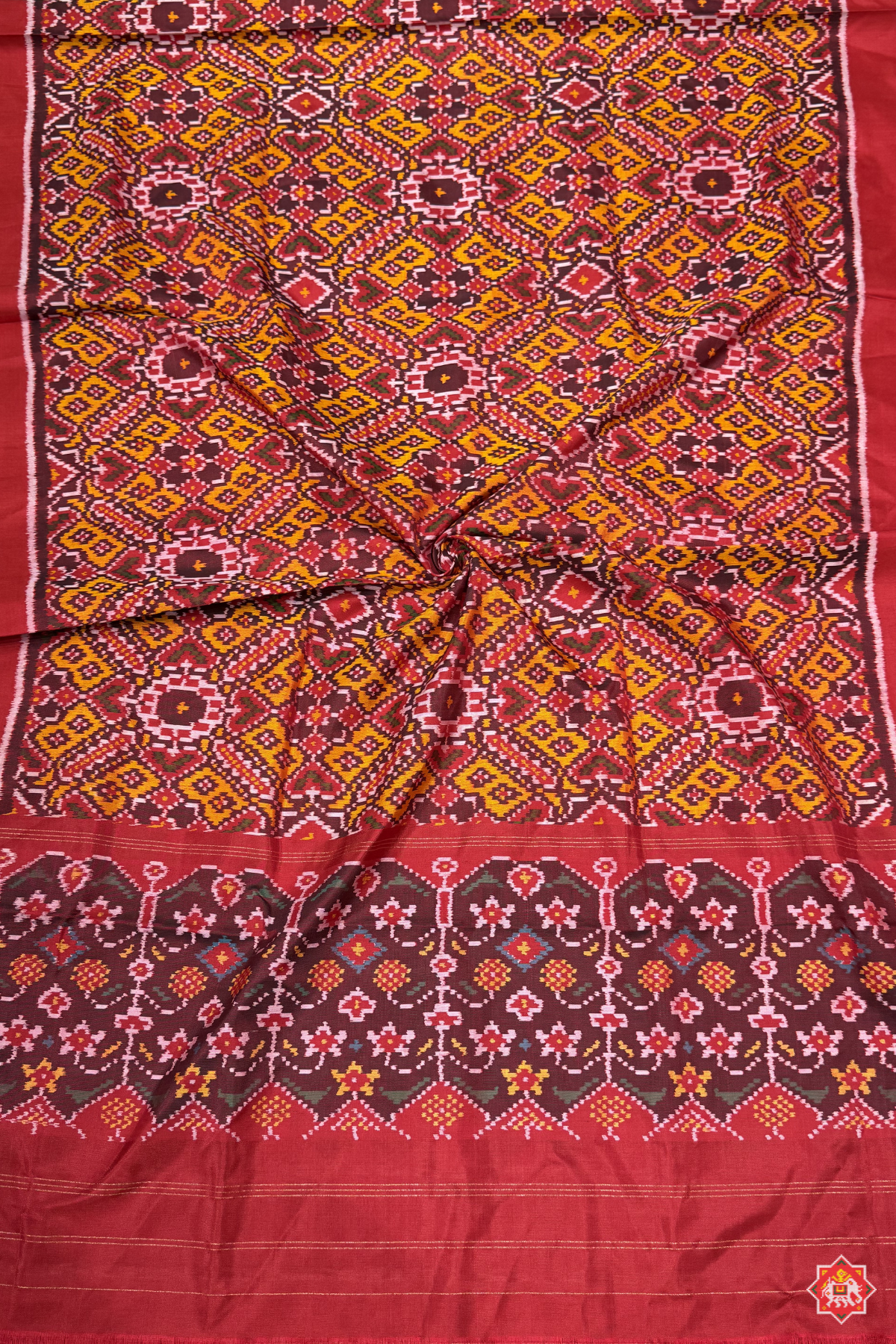 Manek chowk design with minakari work semi double ikat patola dupatta