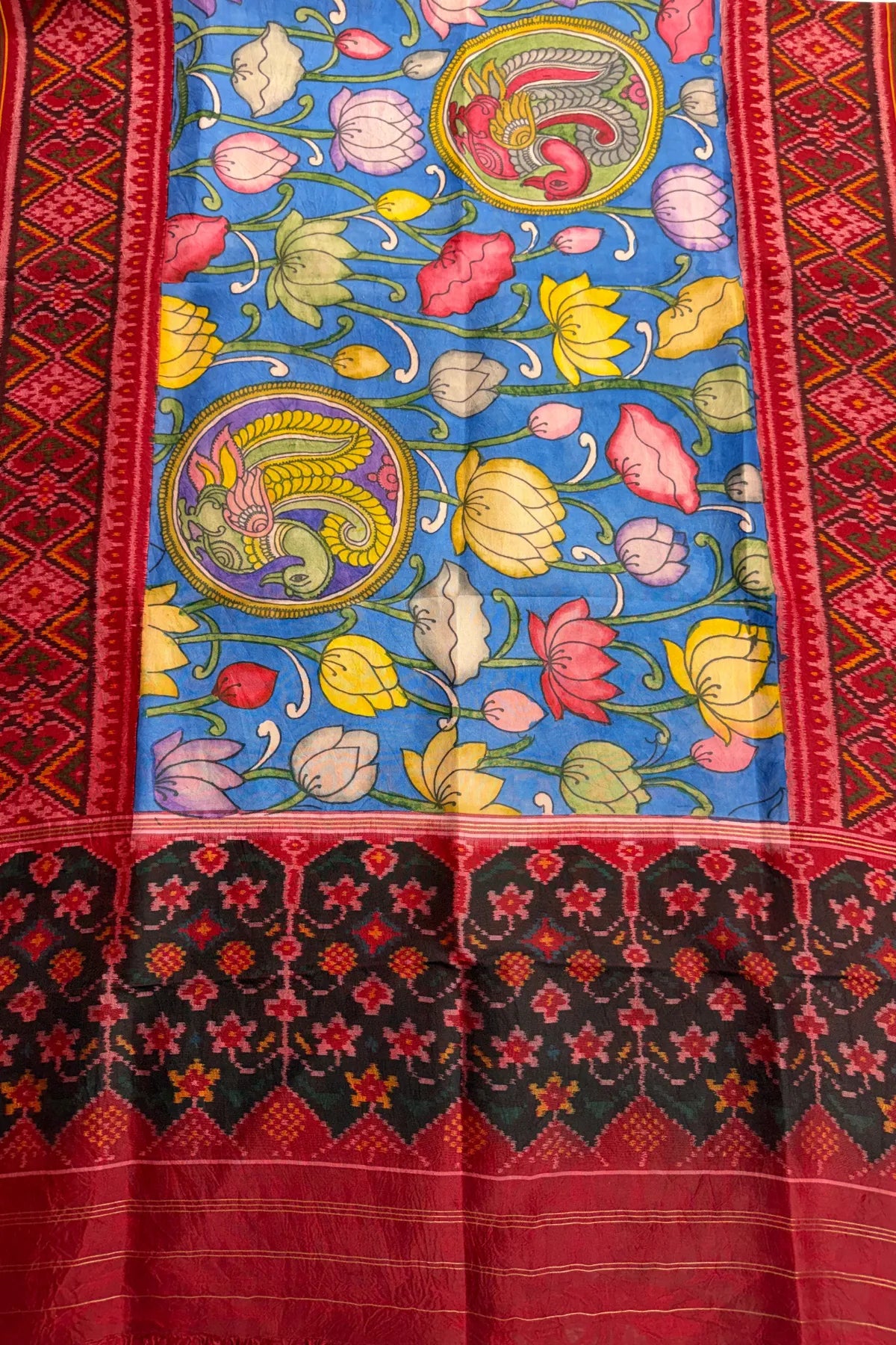 Pallu border patola design with hand pinting kalmkari work
