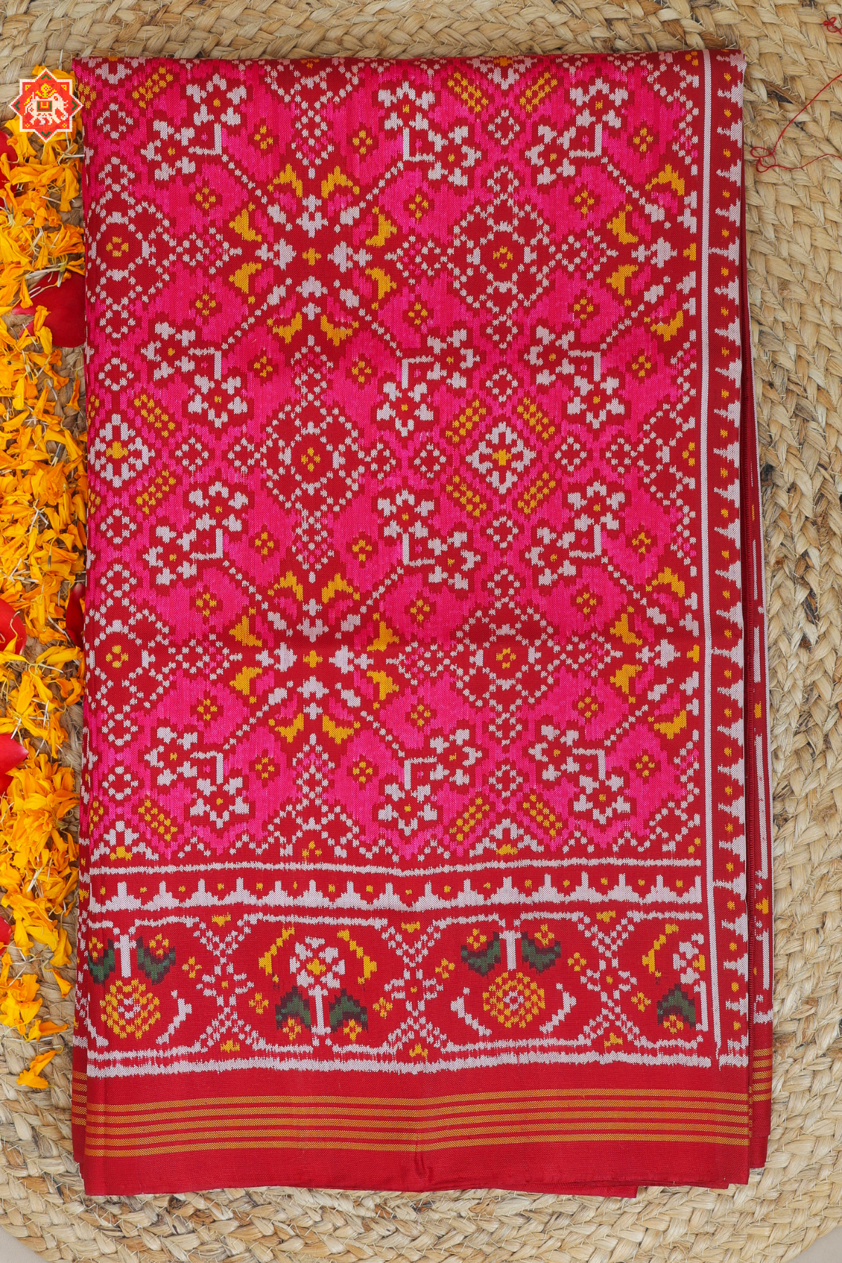 Navratna designer with pallu border ghughroo design  Semi double ikat patola saree