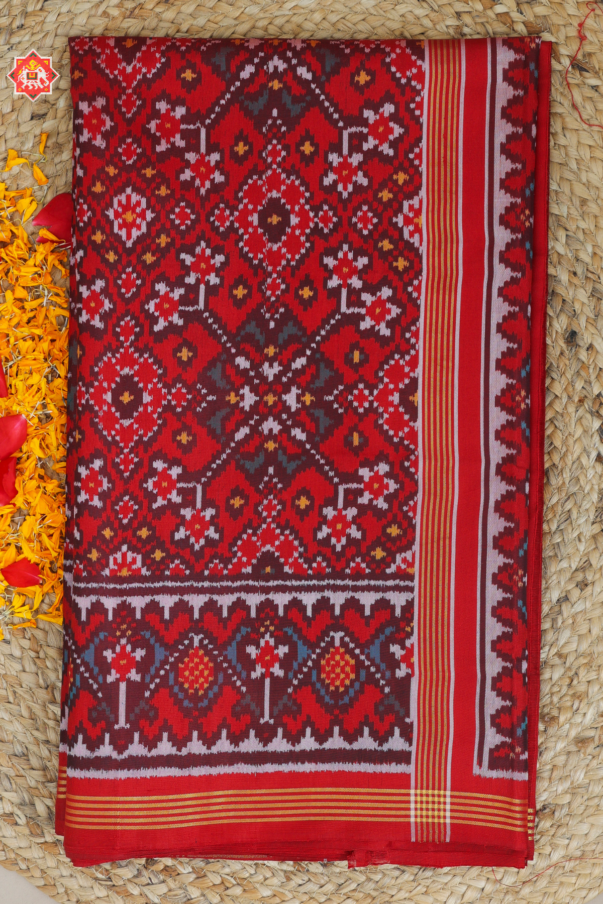 Navratna designer with pallu border self  Semi double ikat patola saree