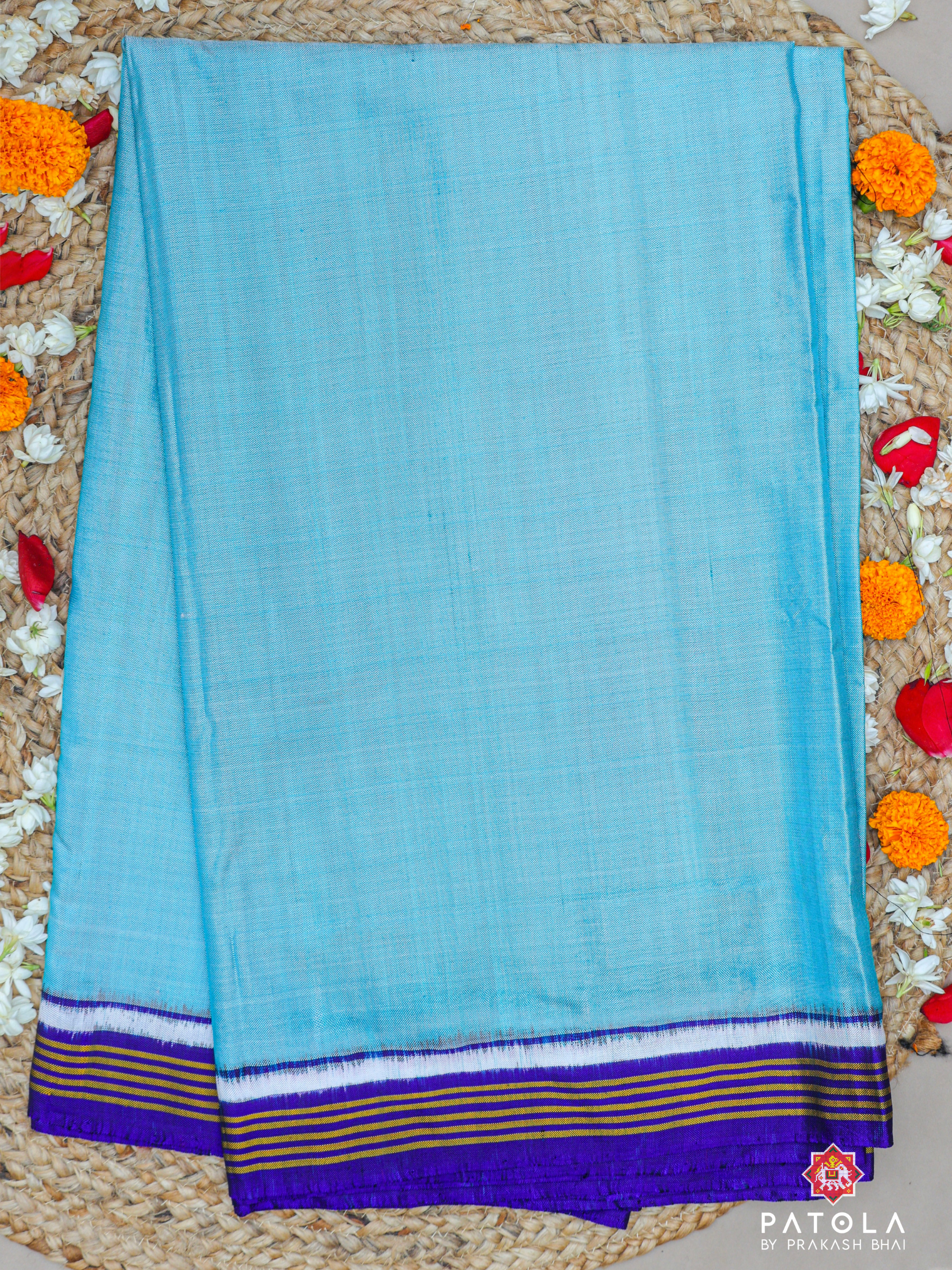 Plain Sky Blue Design With Elephent Pallu Pure Double Ikat Patola Saree