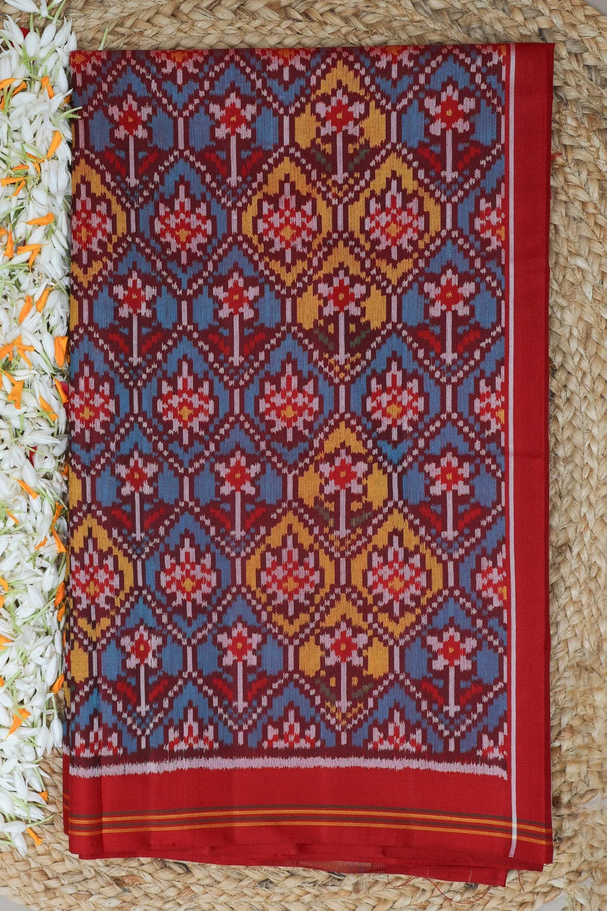 Traditional small flower design & pallu minakari work semi double ikat patola saree