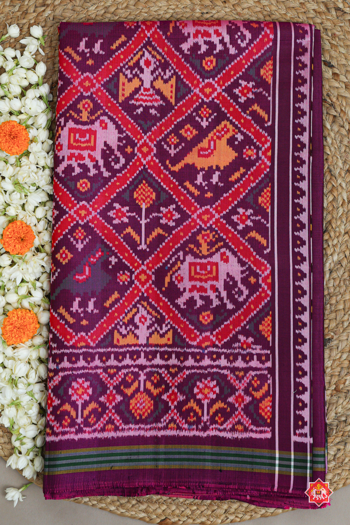Traditional adtala designer with minakari work & ghughroo border pallu semi double ikat patola saree
