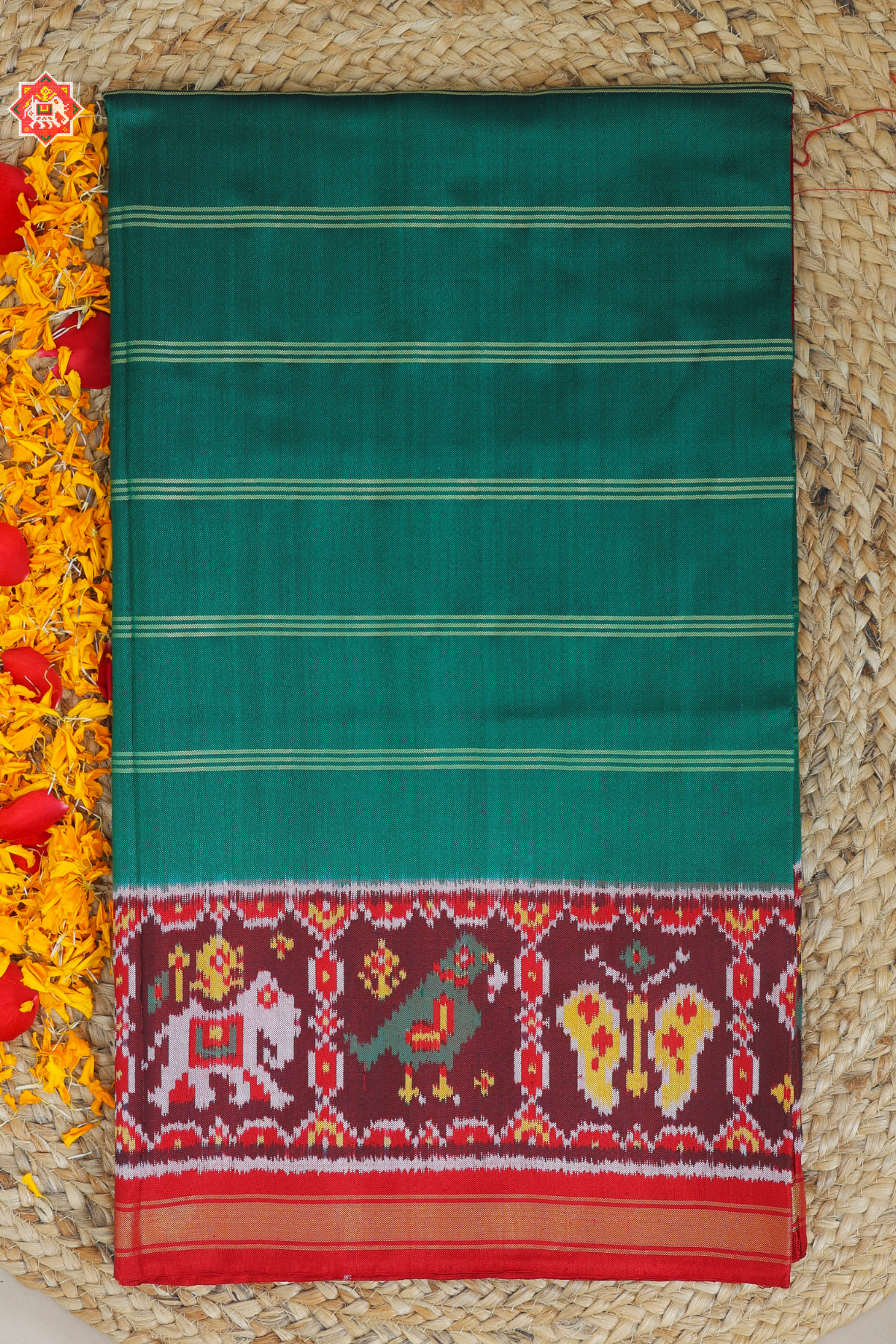 Masterrpiece plain green with patola tissue lines design with blouse patola design  Semi double ikat patola saree