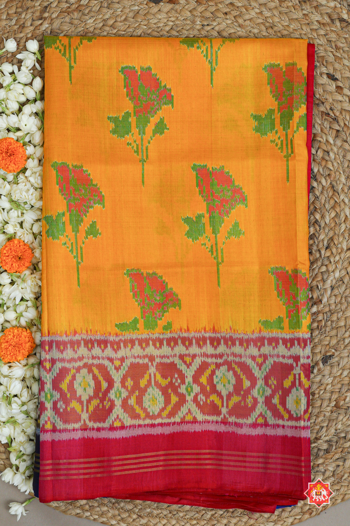 Rose designer piece with 2 colors border single ikat patola saree