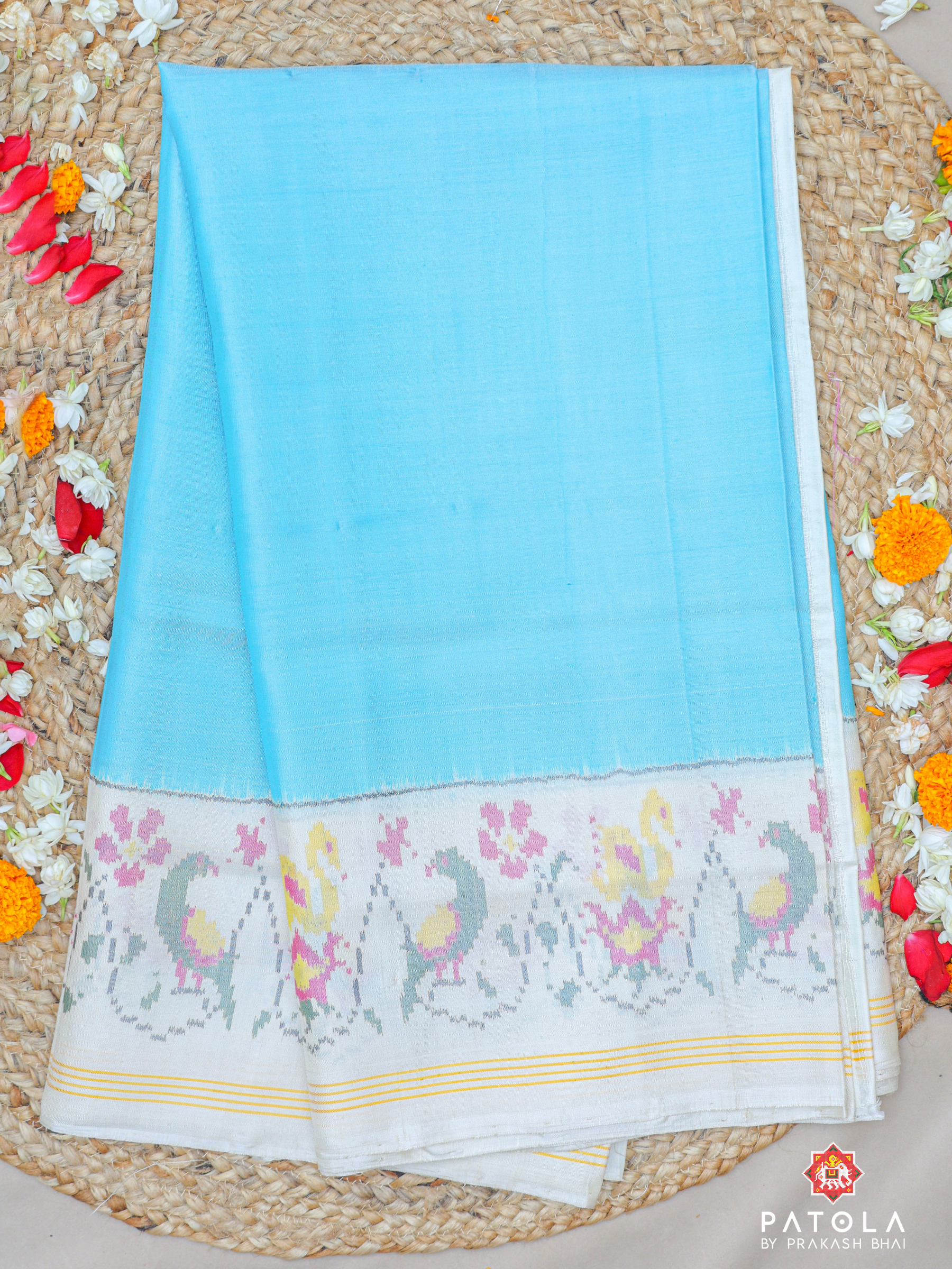 Plain Sky Blue Design With Patola Design Blouse Single Ikat Patola Saree