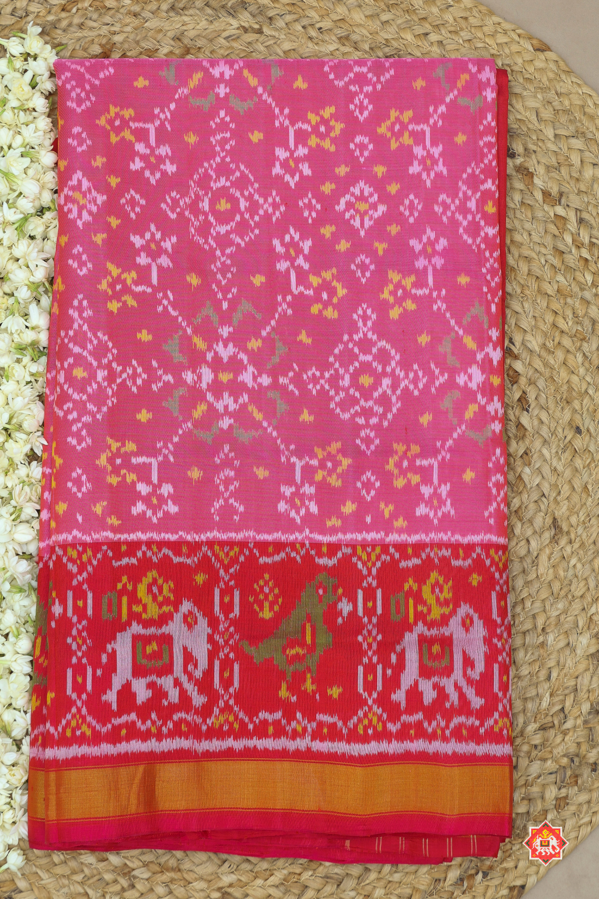 Navratna design with elephant small tissue border single ikat patola saree