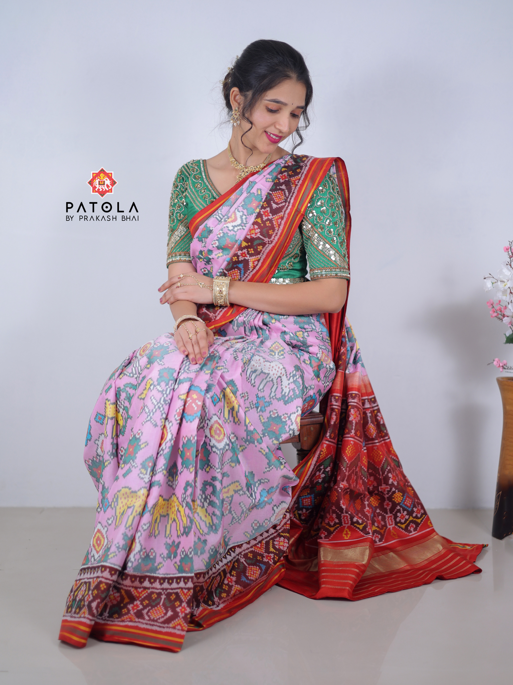Masterpiece Deers With Flowers Designer Semi Double Ikat Patola Saree