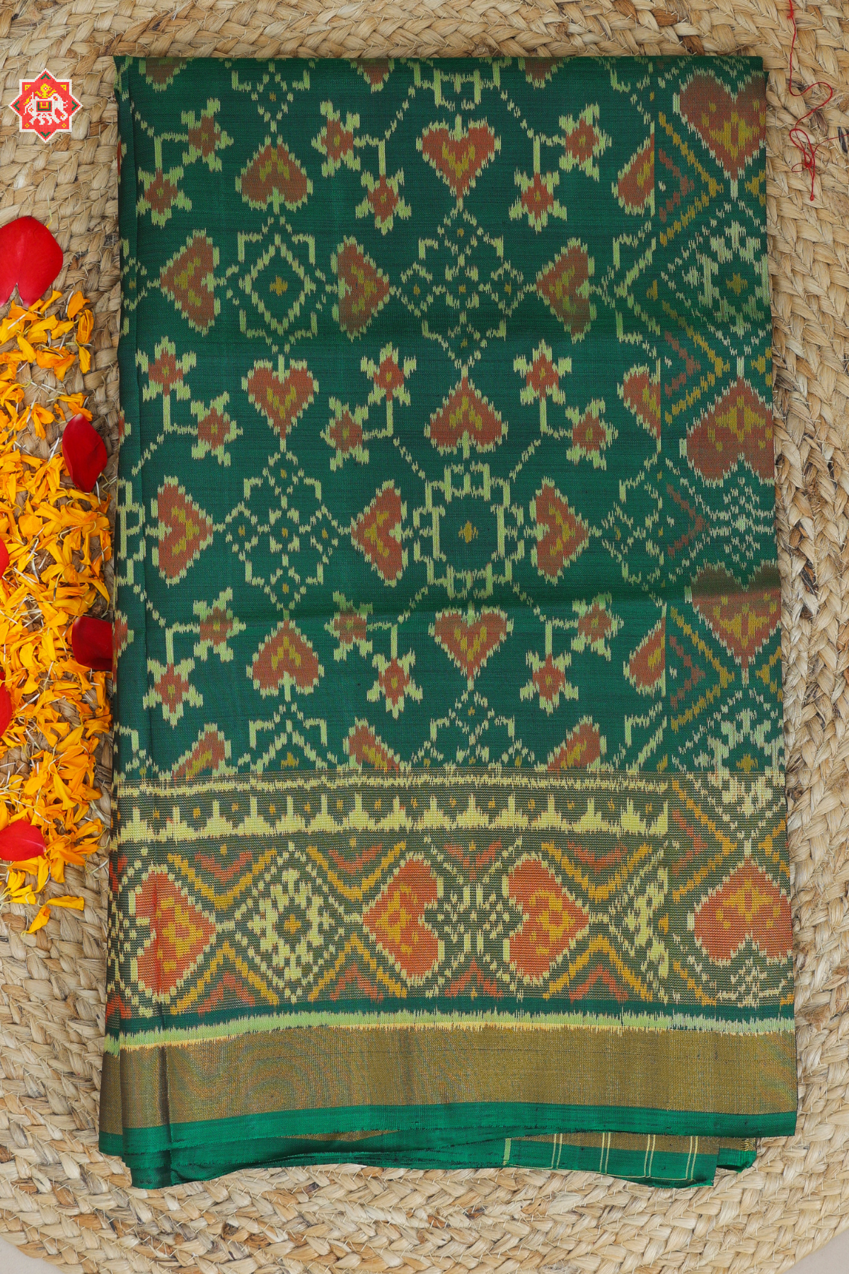 Traditional panchanda design with tissue border single ikat patola saree