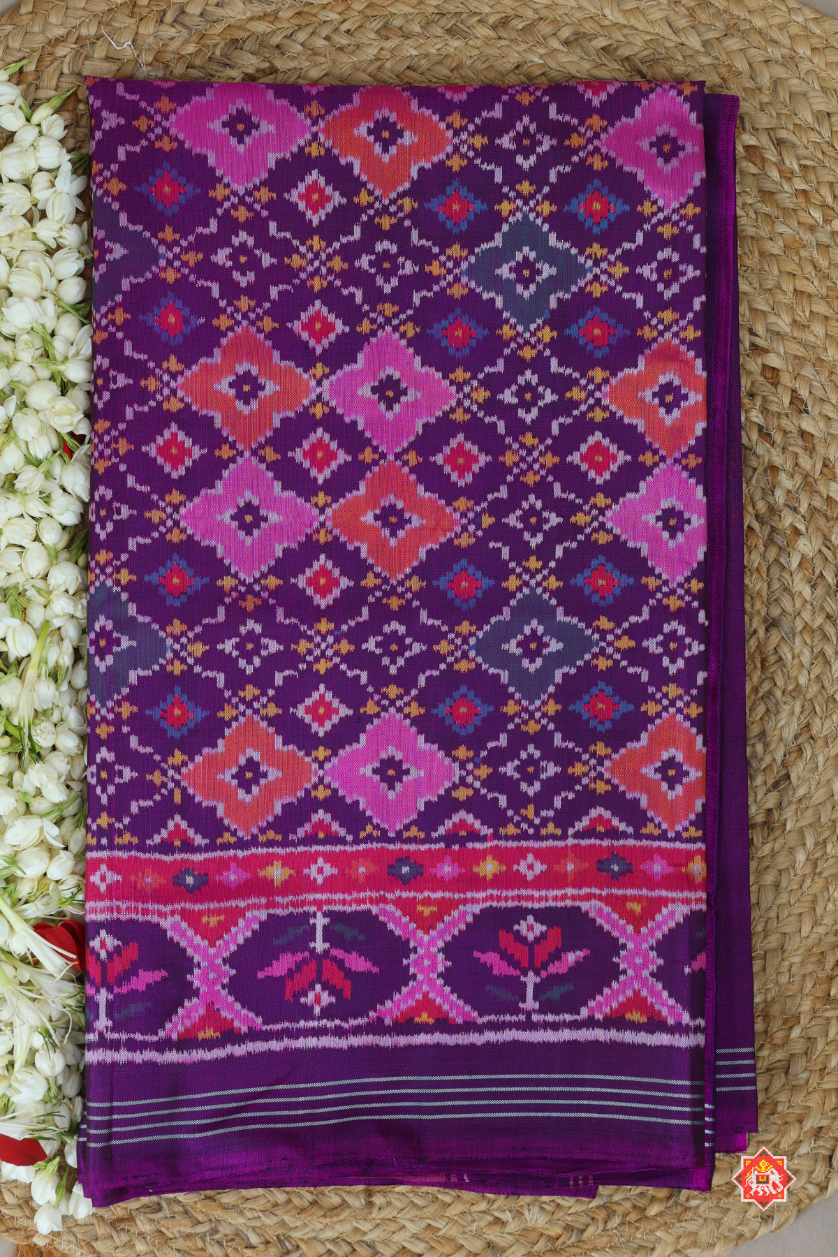 Minakari work & traditional button full design with ghughroo pallu border semi double ikat patola saree