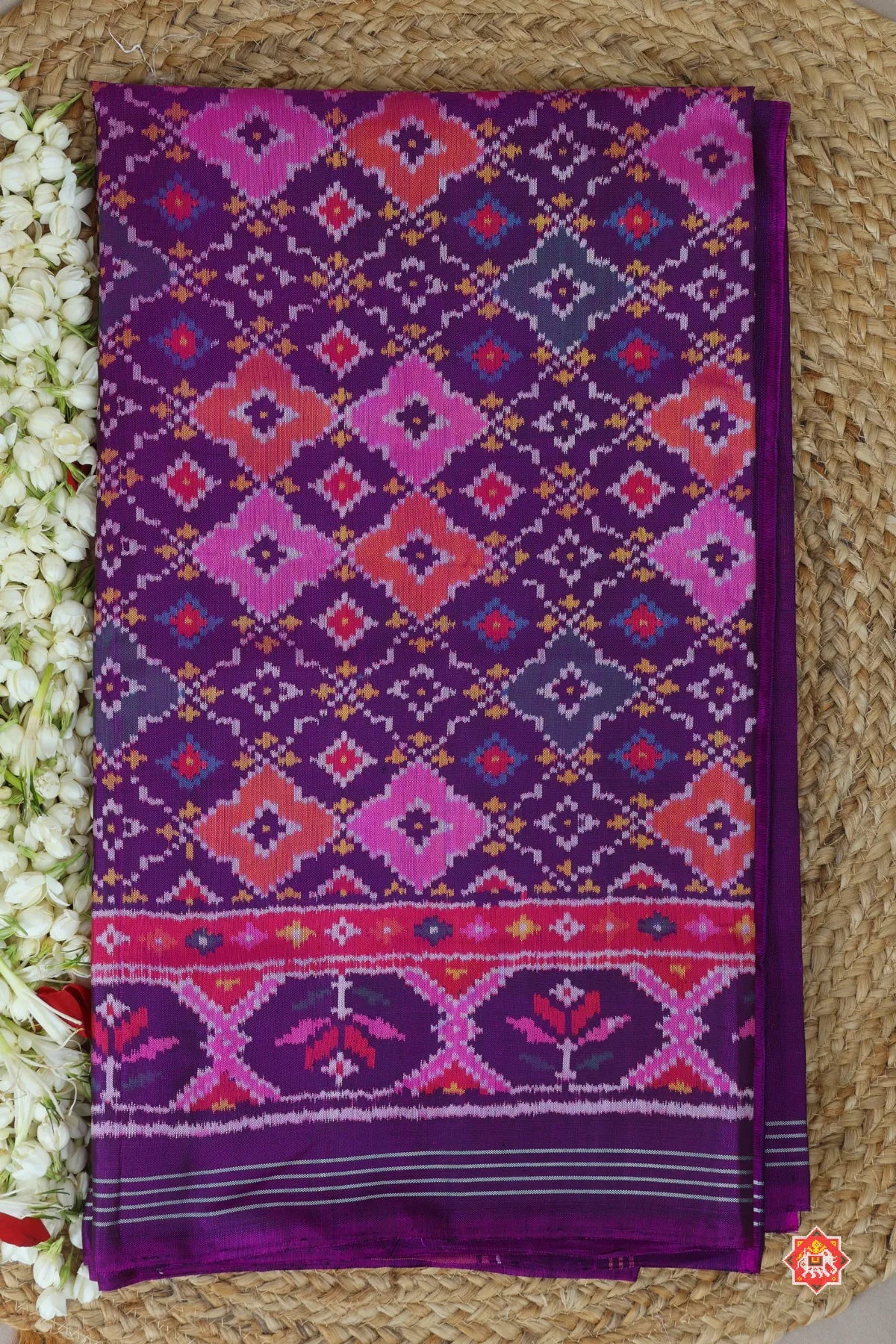 Minakari work & traditional button full design with ghughroo pallu border semi double ikat patola saree
