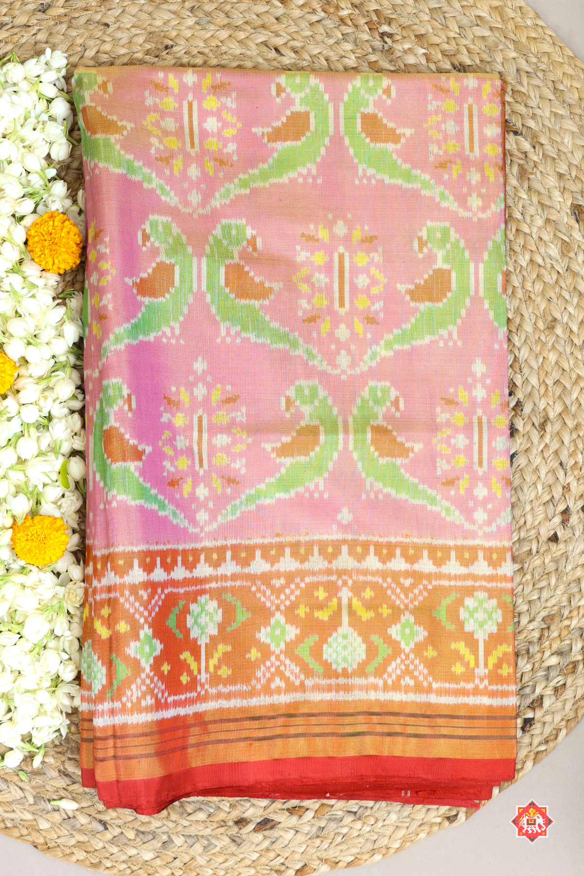 Parrot design with ghughroo pallu border tissue patola saree