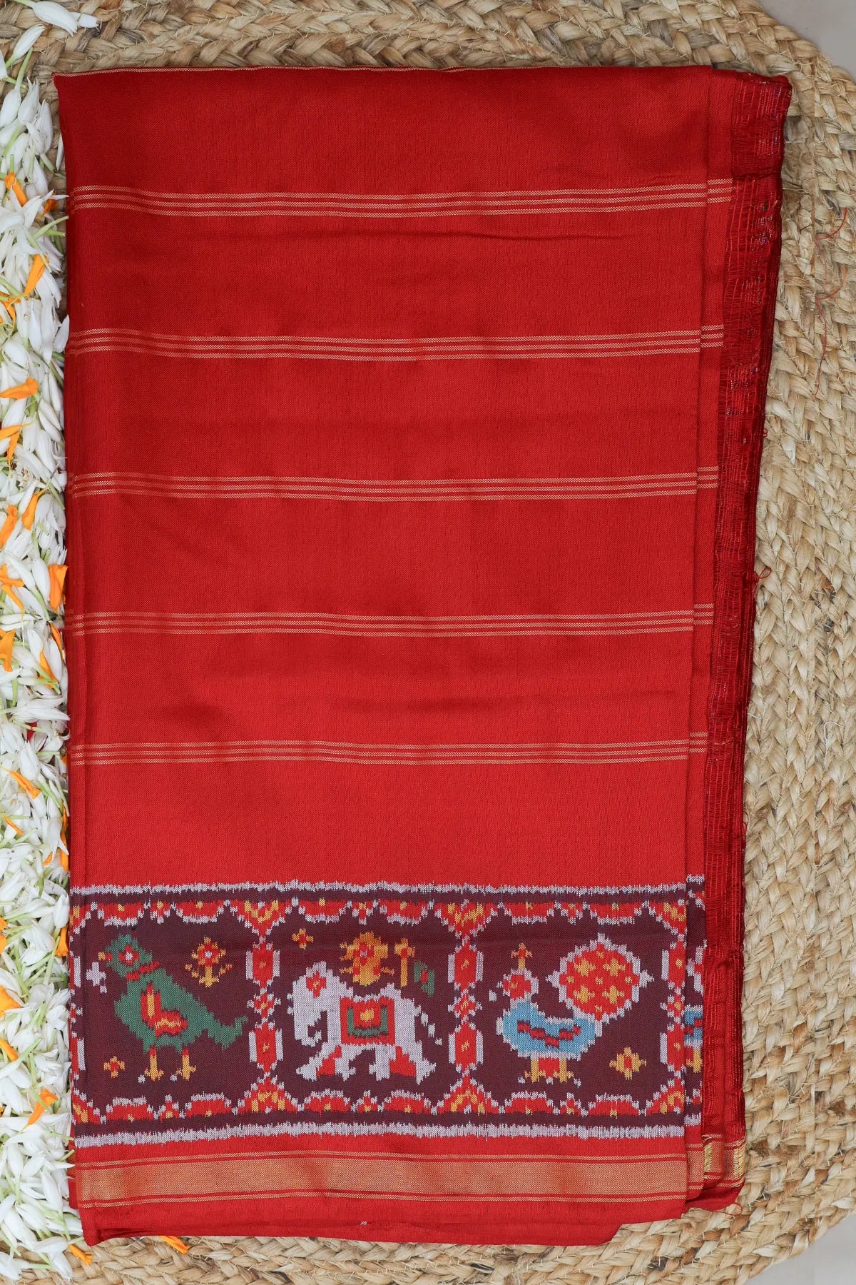 Master piece plain red with patola tissue lines design & blouse patola design semi double ikat patola saree