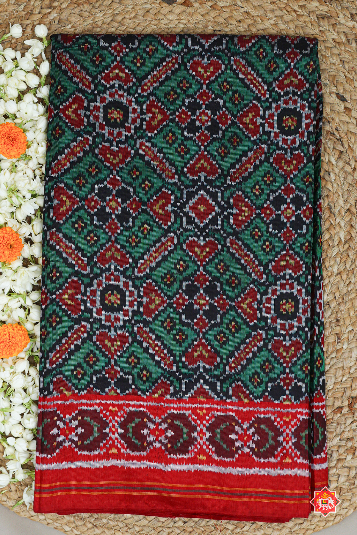 Maneck chock design minkari work with ghughroo border semi double ikat patola saree