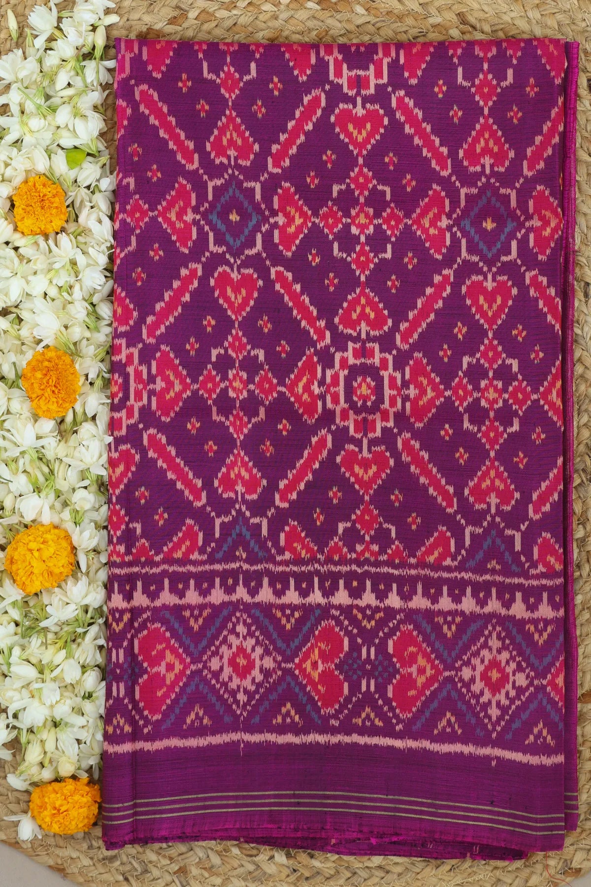 Manek chowk design with minakari work without tissue border single ikat patola saree
