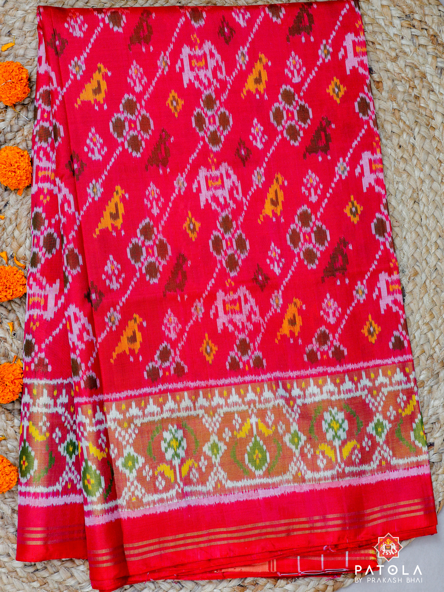 Pink Hathi Popat Design Single Ikat Patola Saree