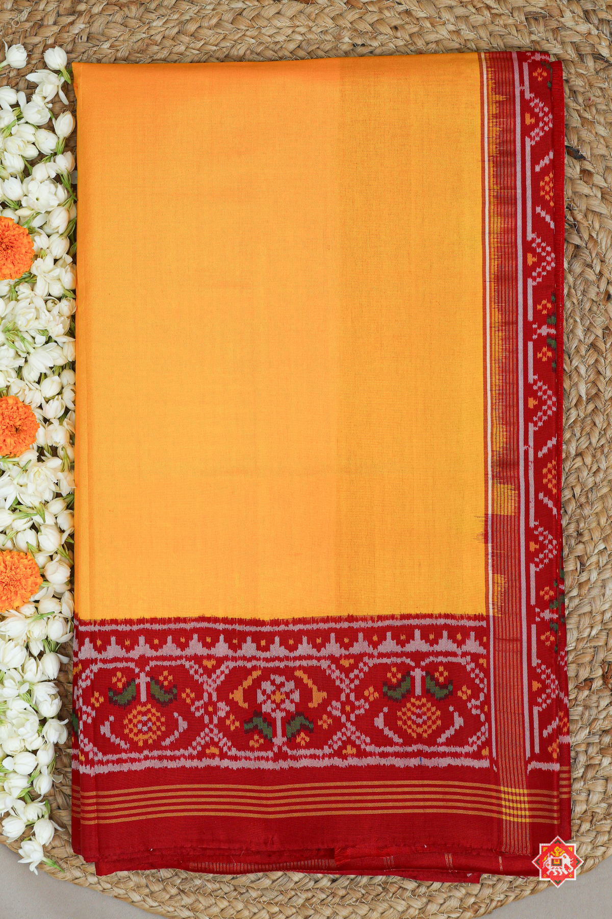 Yellow plain with ghughroo border & blouse patola design semi double ikat patola saree