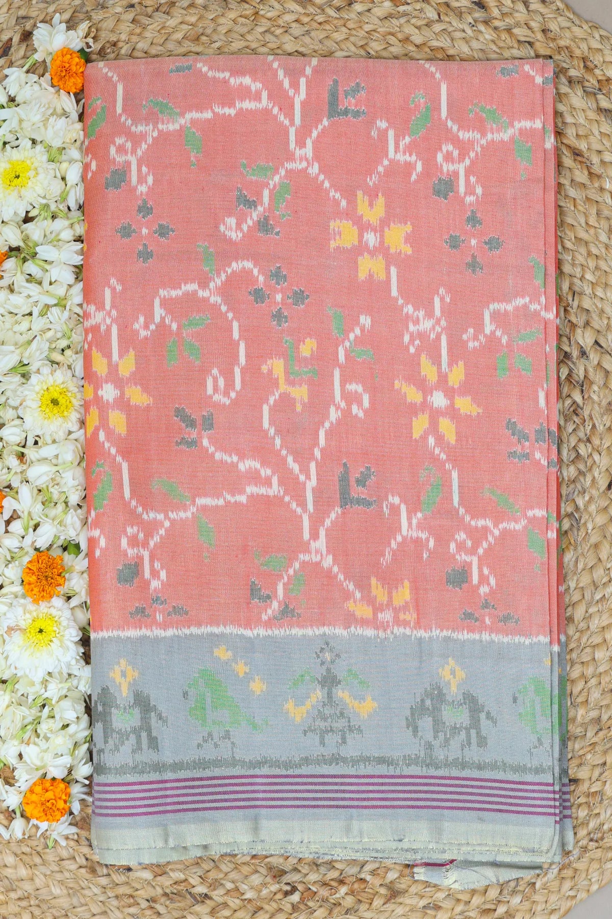 Rangoli design with lines border traditional design pallu semi double ikat patola saree