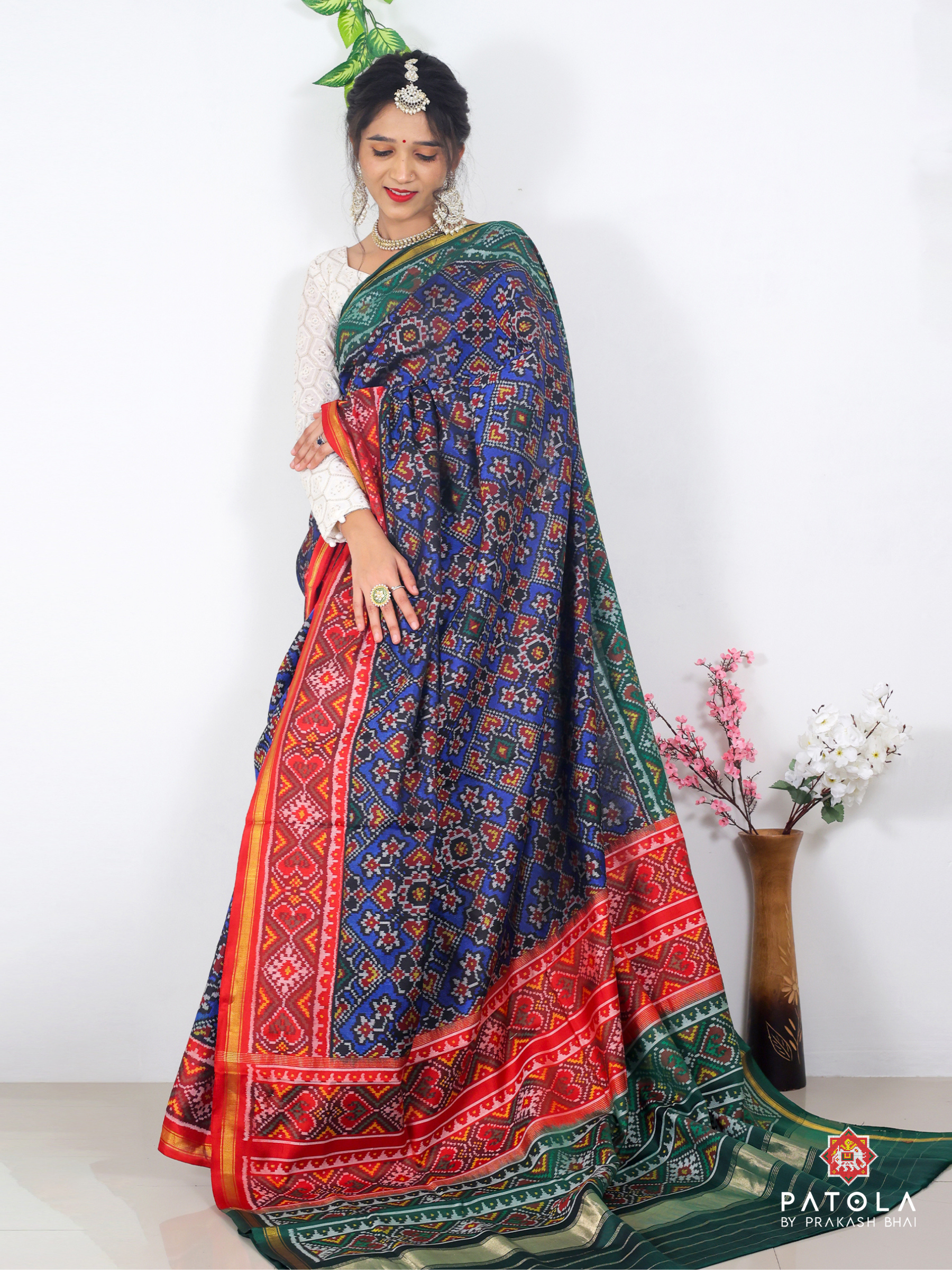 Double Colors Border Manekchowk Navratna Mix Designer Semi Double Ikat Patola Saree