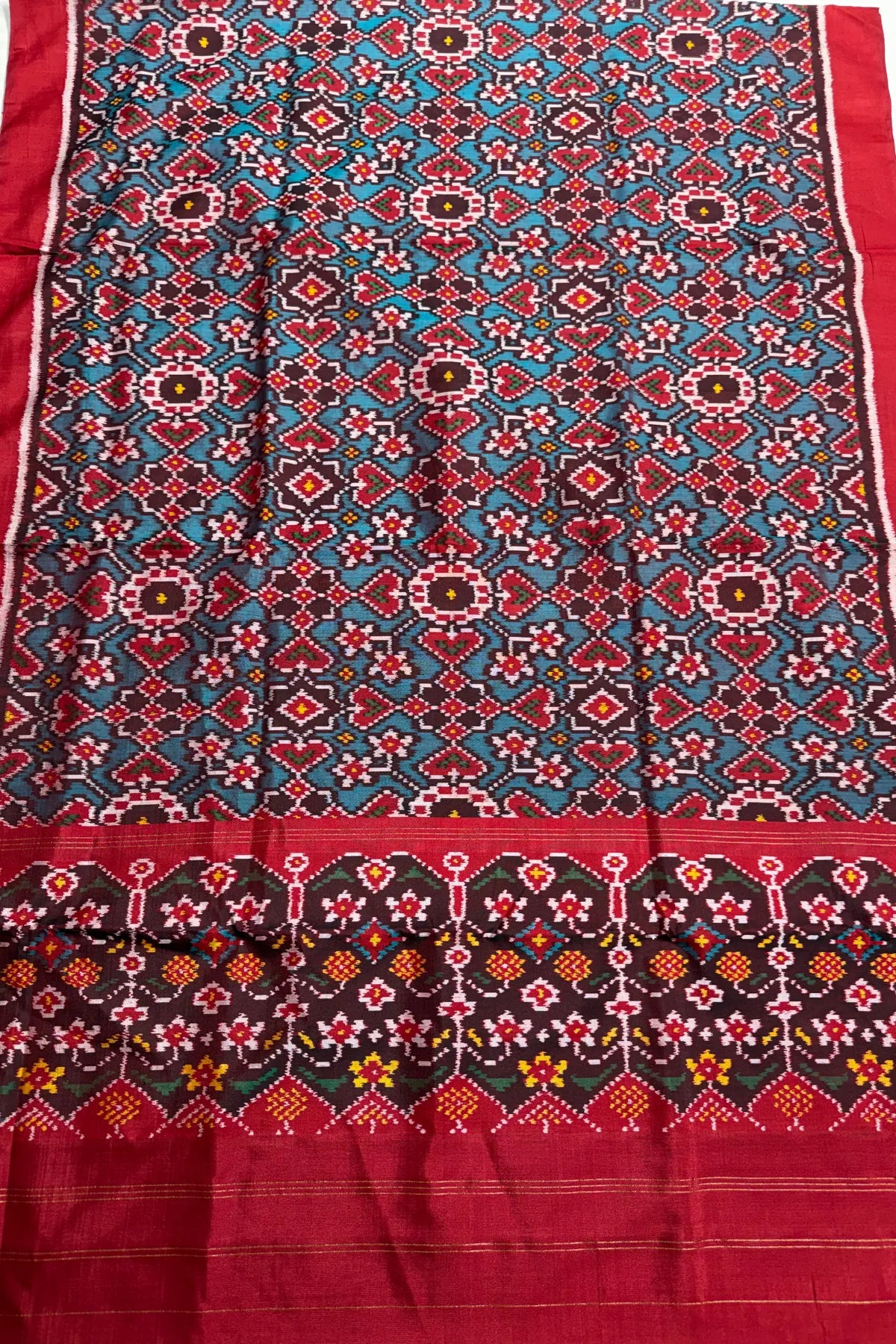 Navratna & manek chowk mix minakari work semi double ikat patola dupatta