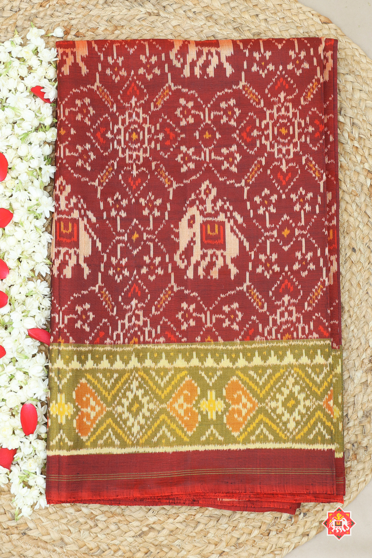 Manek chowk design with elephant big tissue border single ikat patola saree