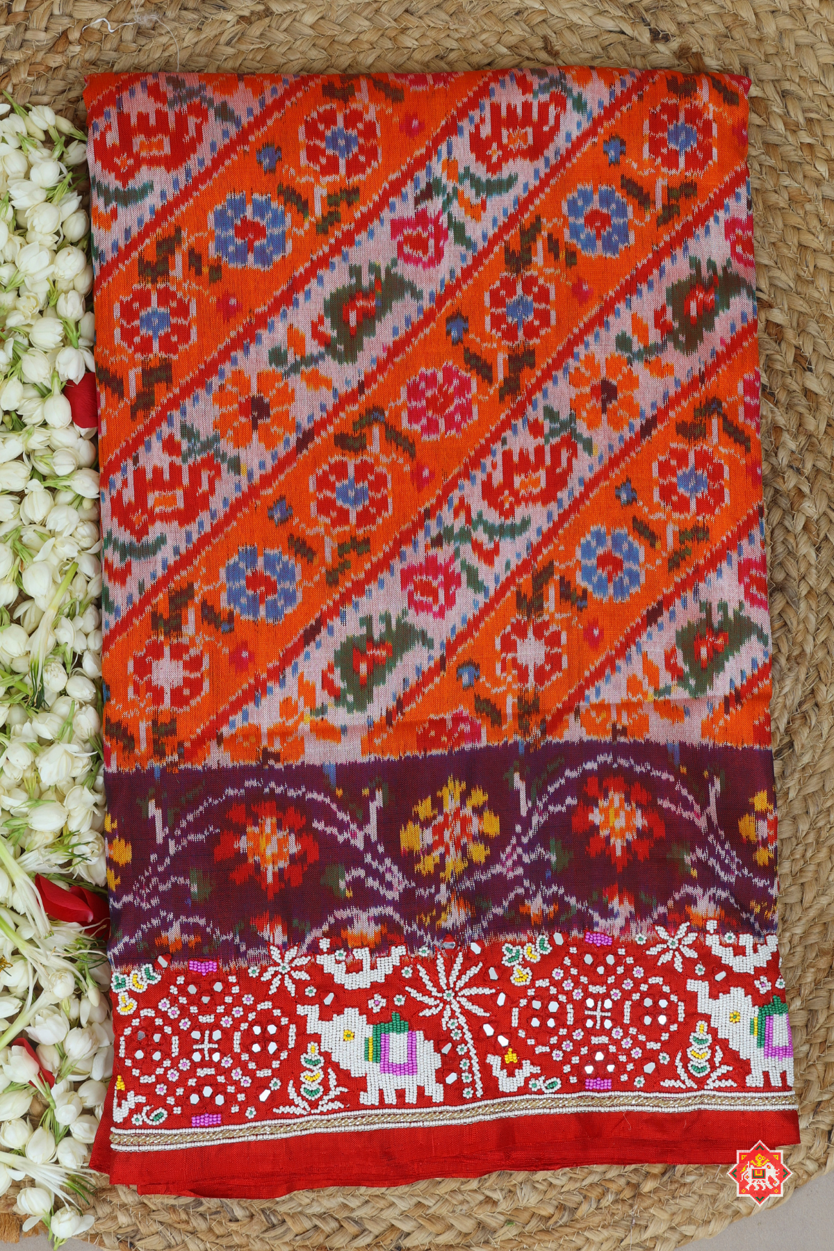 Classic lehariya design with border design hand moti work ( special navratri concept) hand work saree