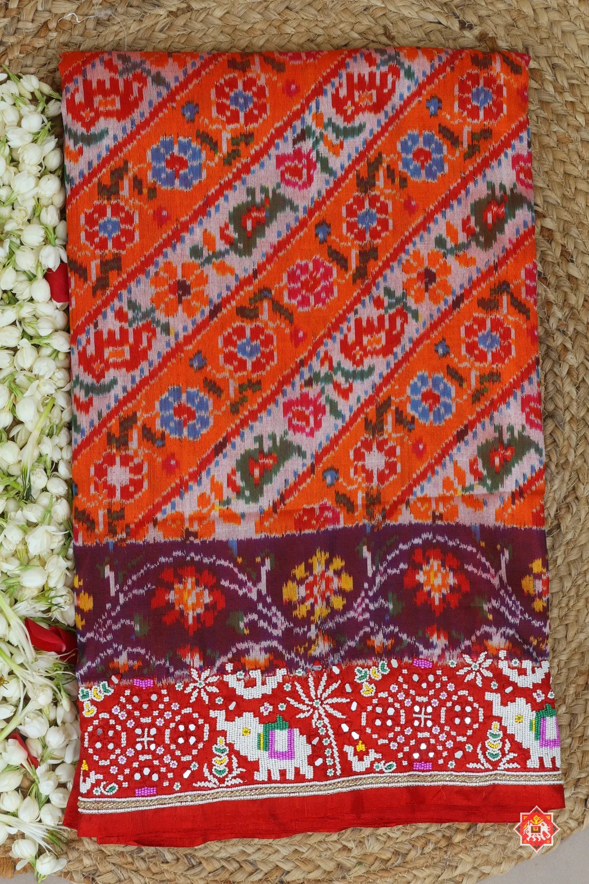 Classic lehariya design with border design hand moti work ( special navratri concept) hand work saree
