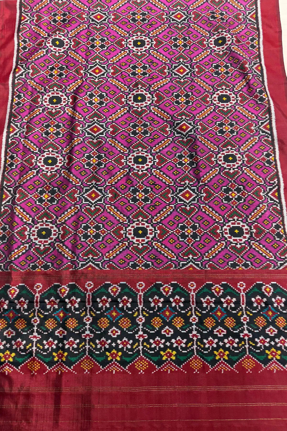 Manek chowk design with minakari work semi double ikat patola dupatta