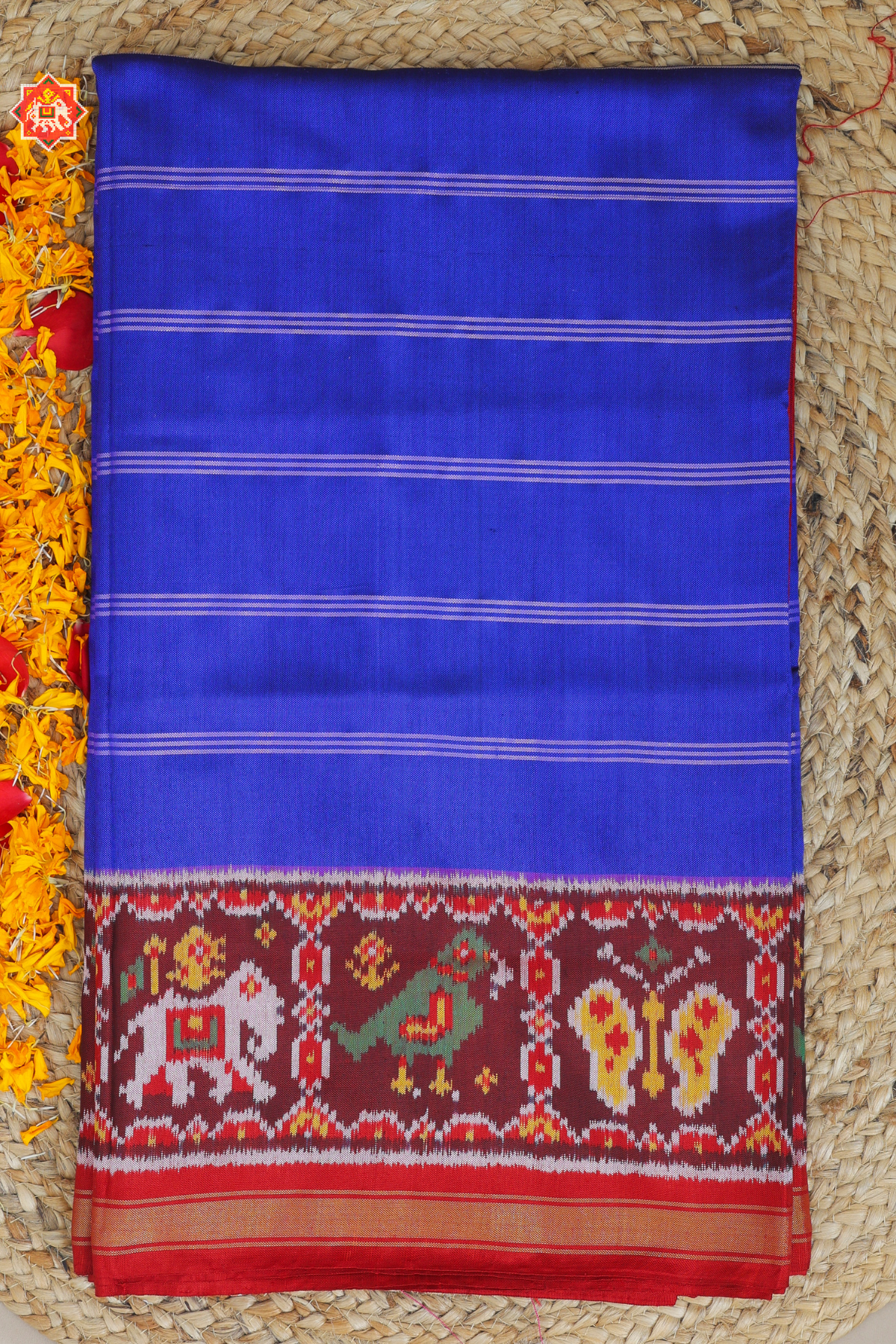 Masterpiece plain blue with patola tissue lines design with blouse patola design  Semi double ikat patola saree