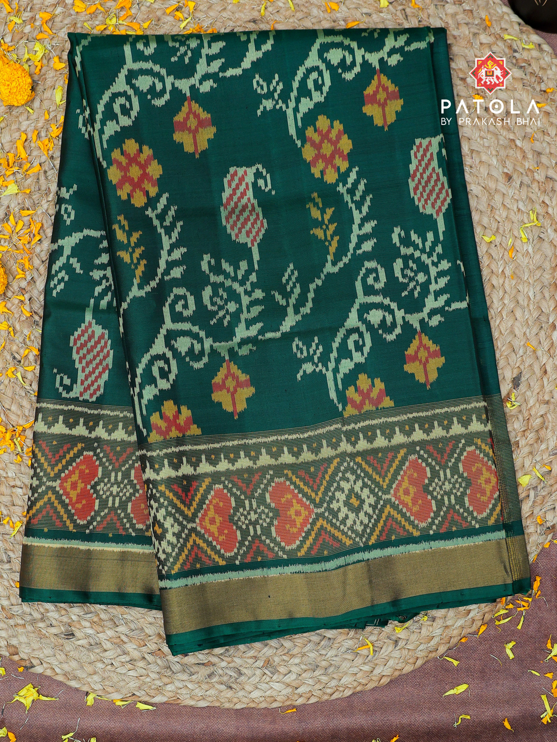 Green Flowers Vel Designer Single Ikat Patola Saree