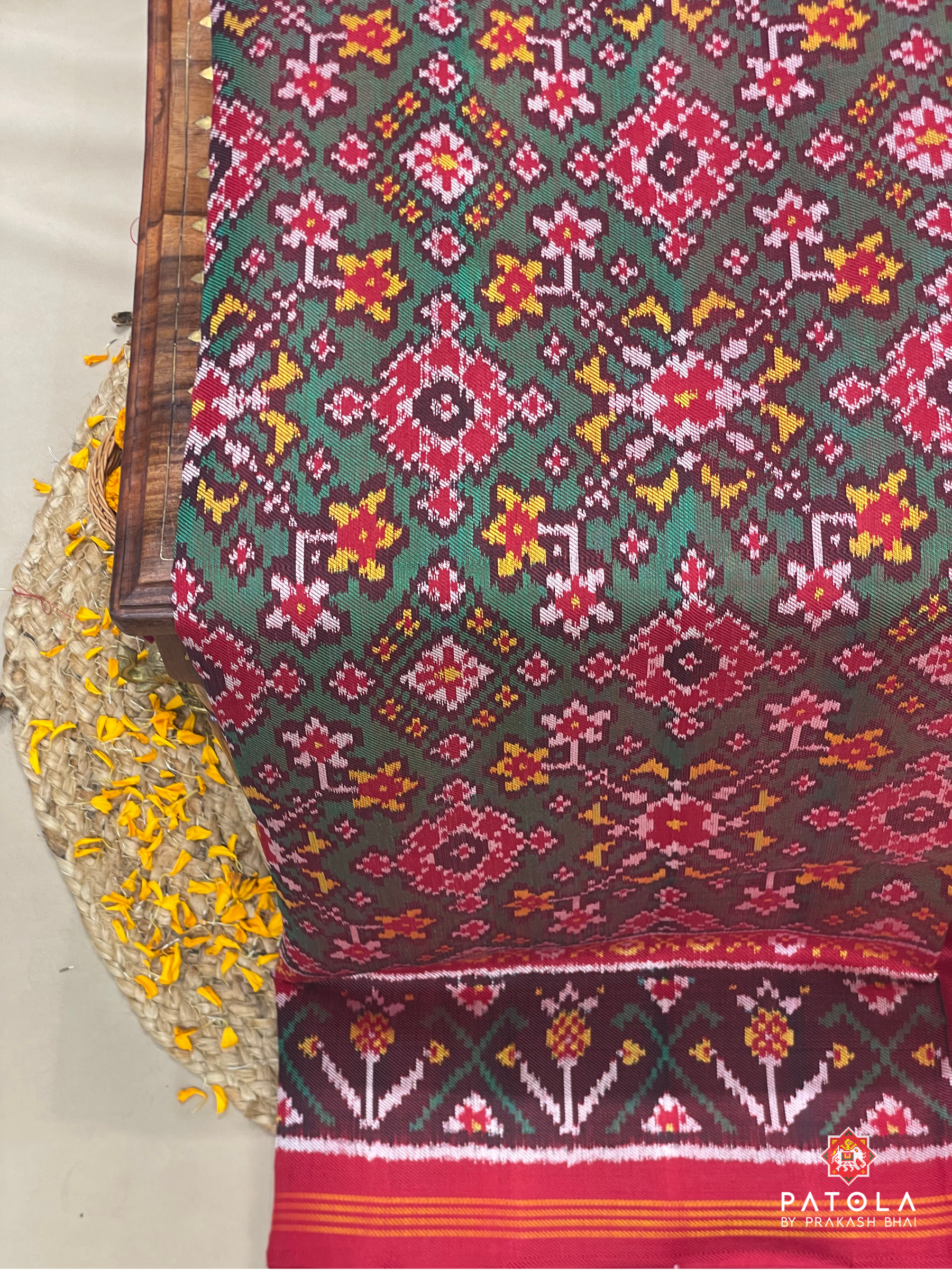 Green Navratna Designer Twill Patola Saree