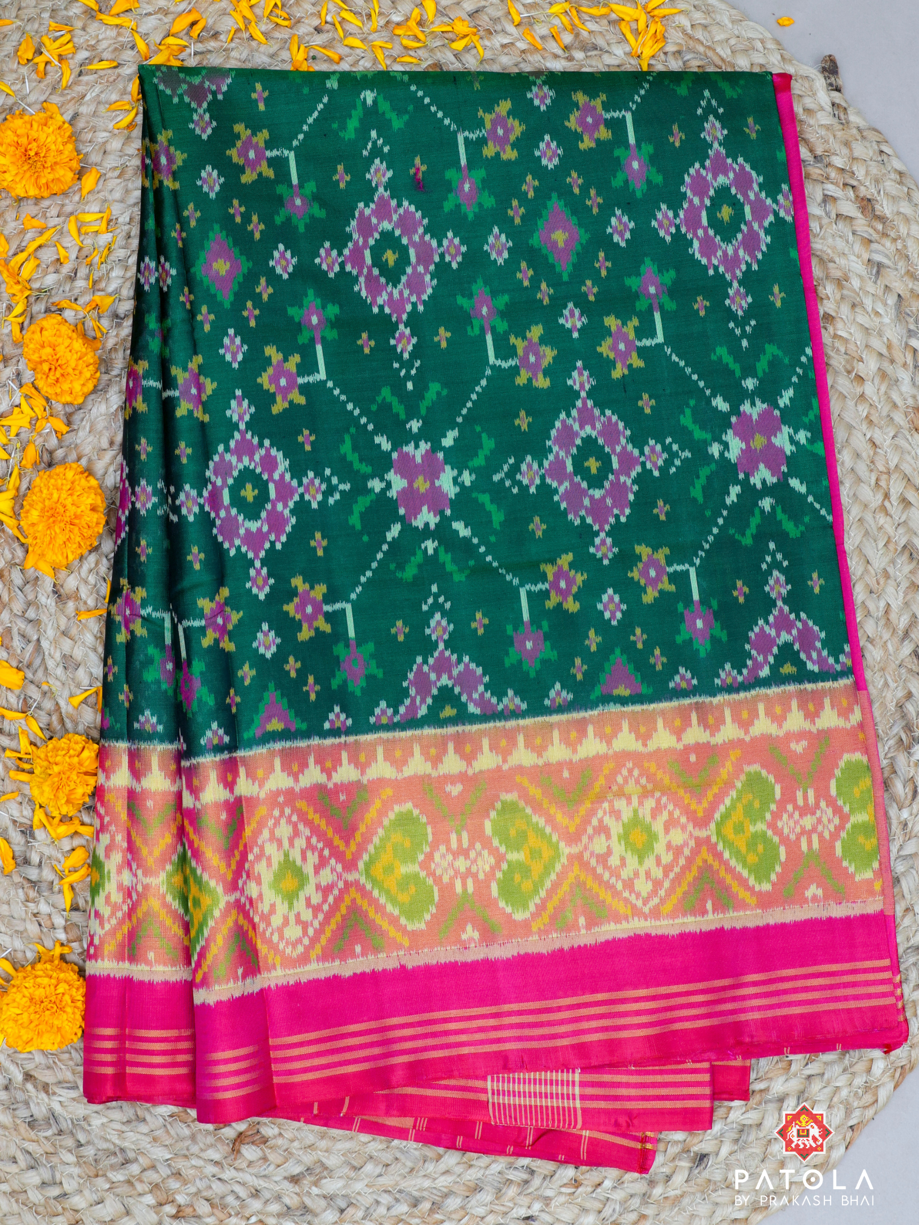 Green With Pink Traditional Navratna Design Single Ikat Patola Saree