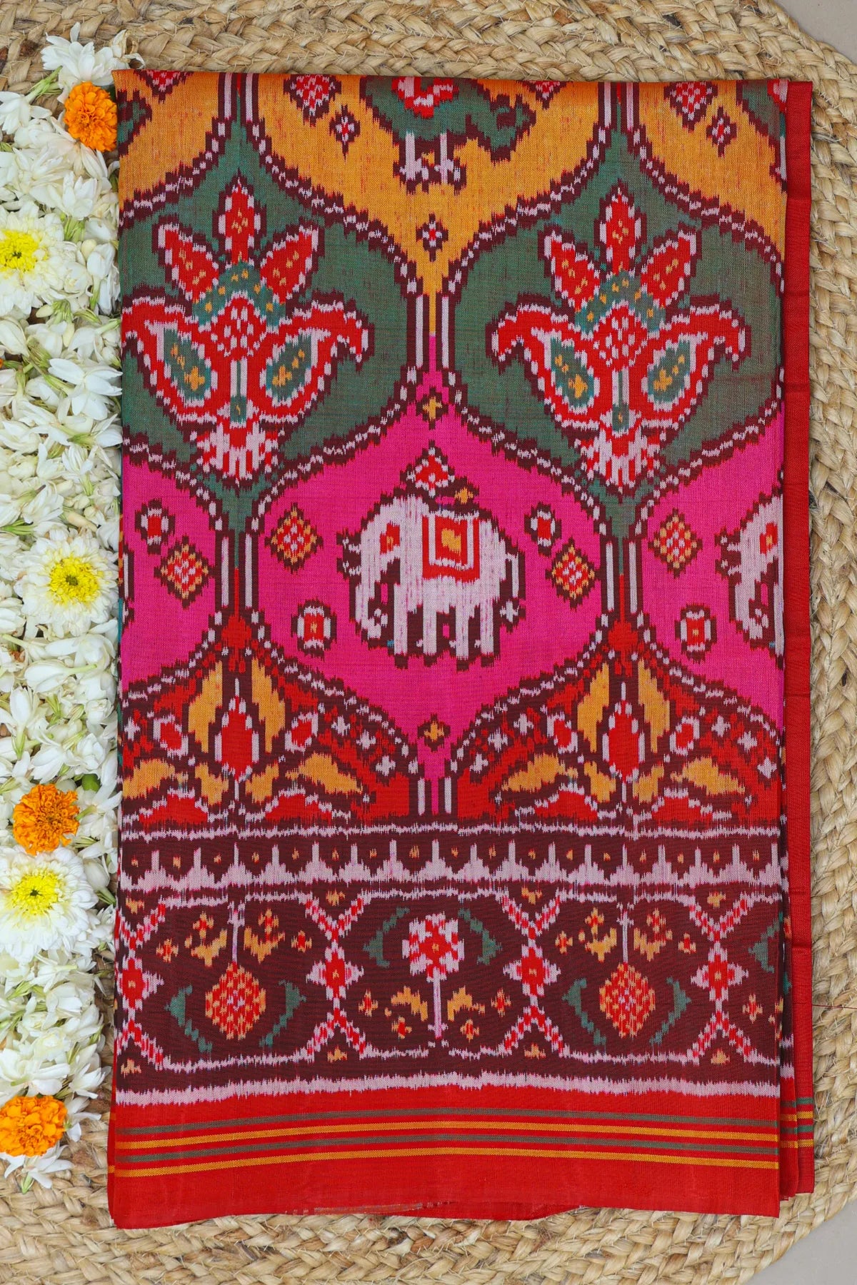 Master piece chabdi design with motifs pallu border Traditional ghughroo design semi double ikat patola saree