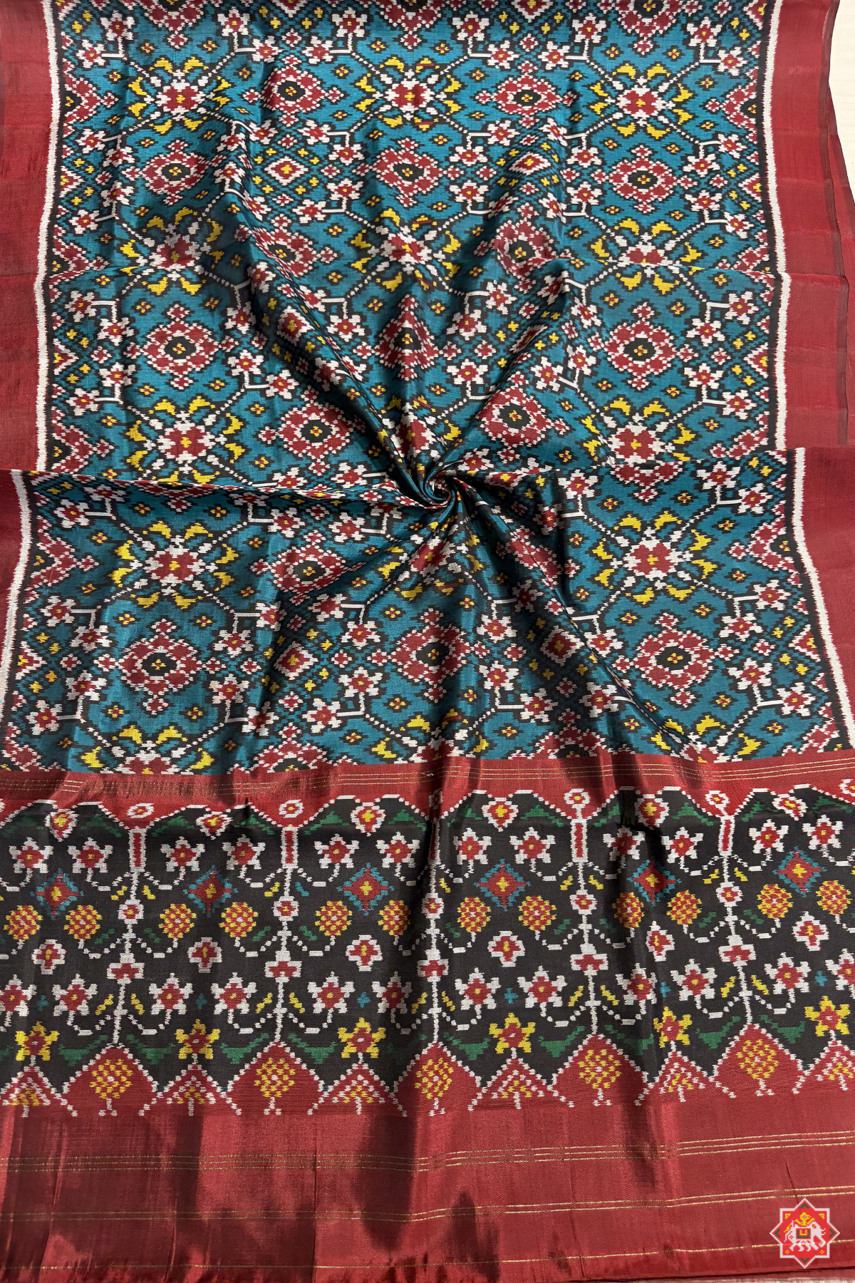 Traditional navratna designer semi double ikat dupatta