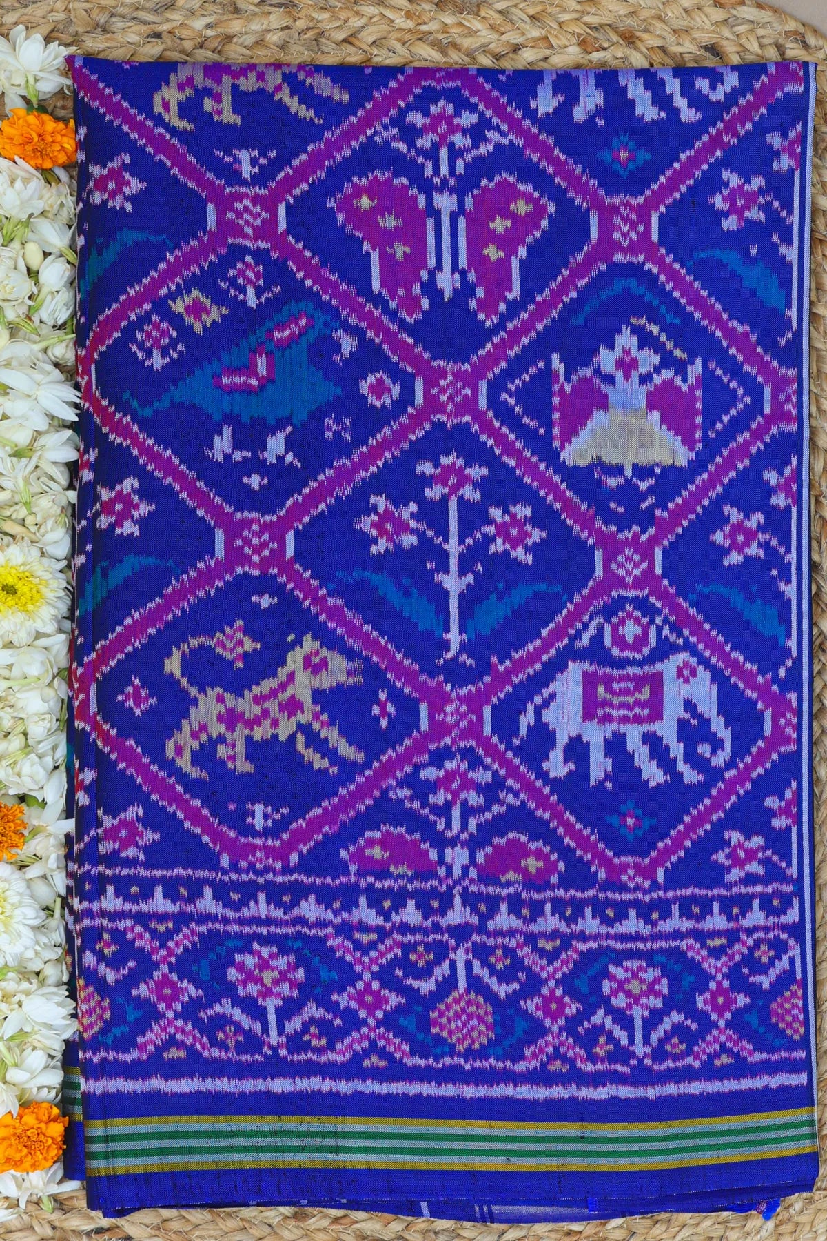 Traditional adtala design with pallu border ghughroo design semi double ikat patola saree