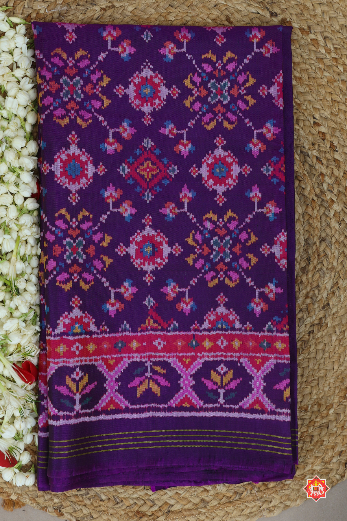 Minakari work & traditional navratna design with ghughroo pallu border semi double ikat patola saree