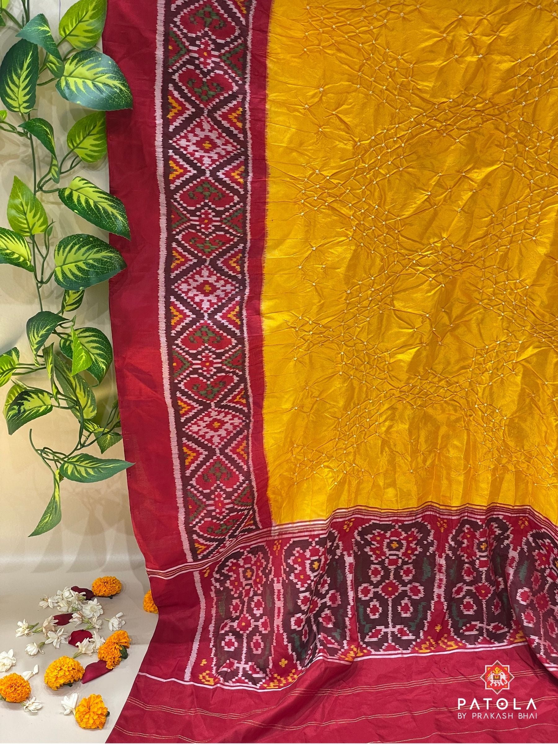 Yellow With Red Pallu Border Patola Design With Bodywork Bandhej Dupatta