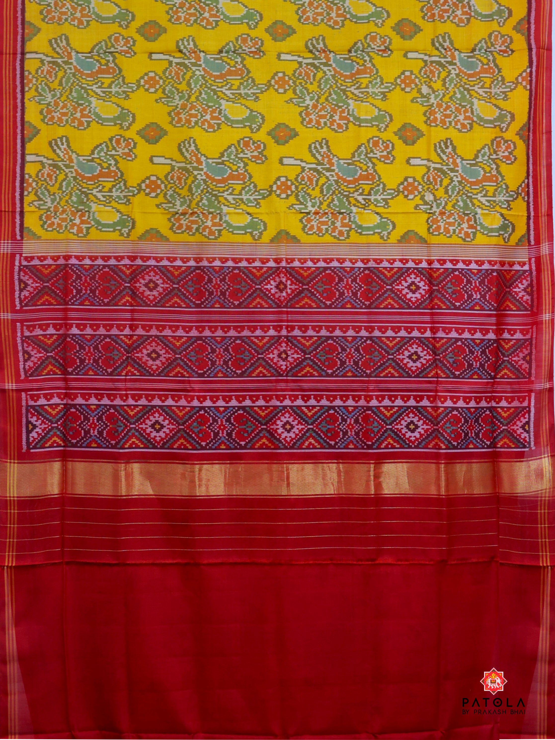 Yellow Love Birds Designer Semi Double Ikat Patola Saree