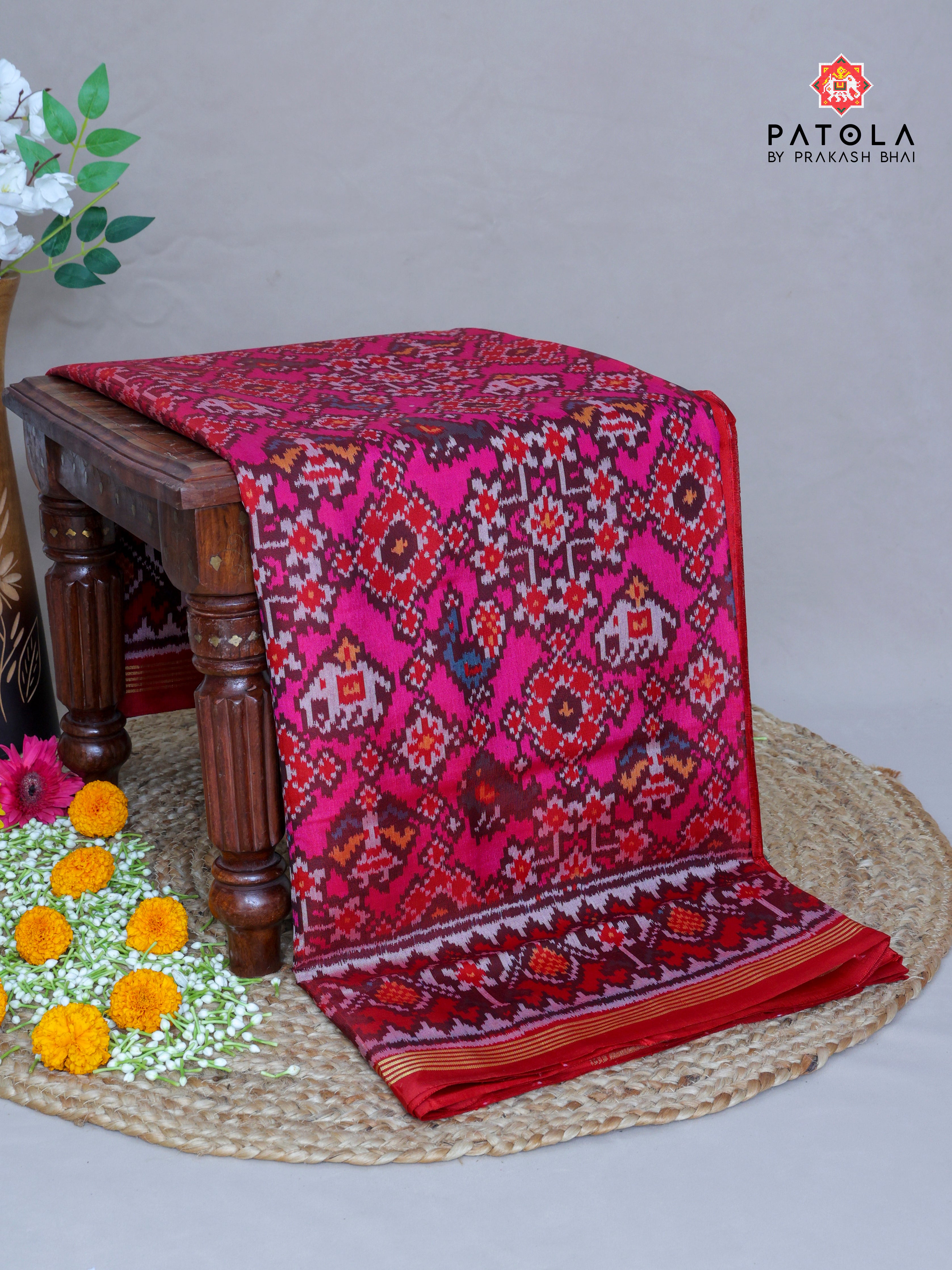 Pink Hathi Popat - Navratna Mix Design Semi Double Ikat Patola Saree