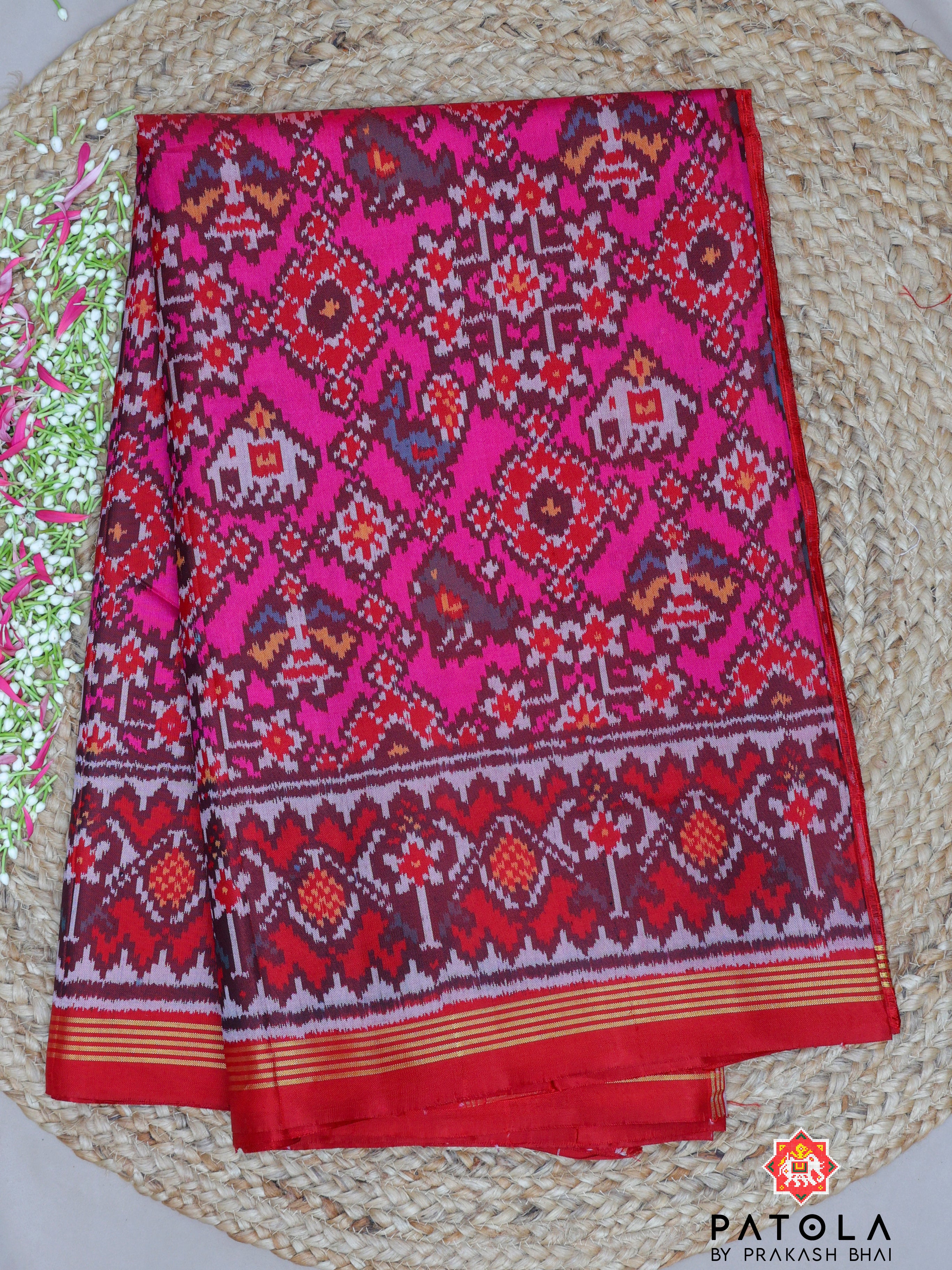 Pink Hathi Popat - Navratna Mix Design Semi Double Ikat Patola Saree