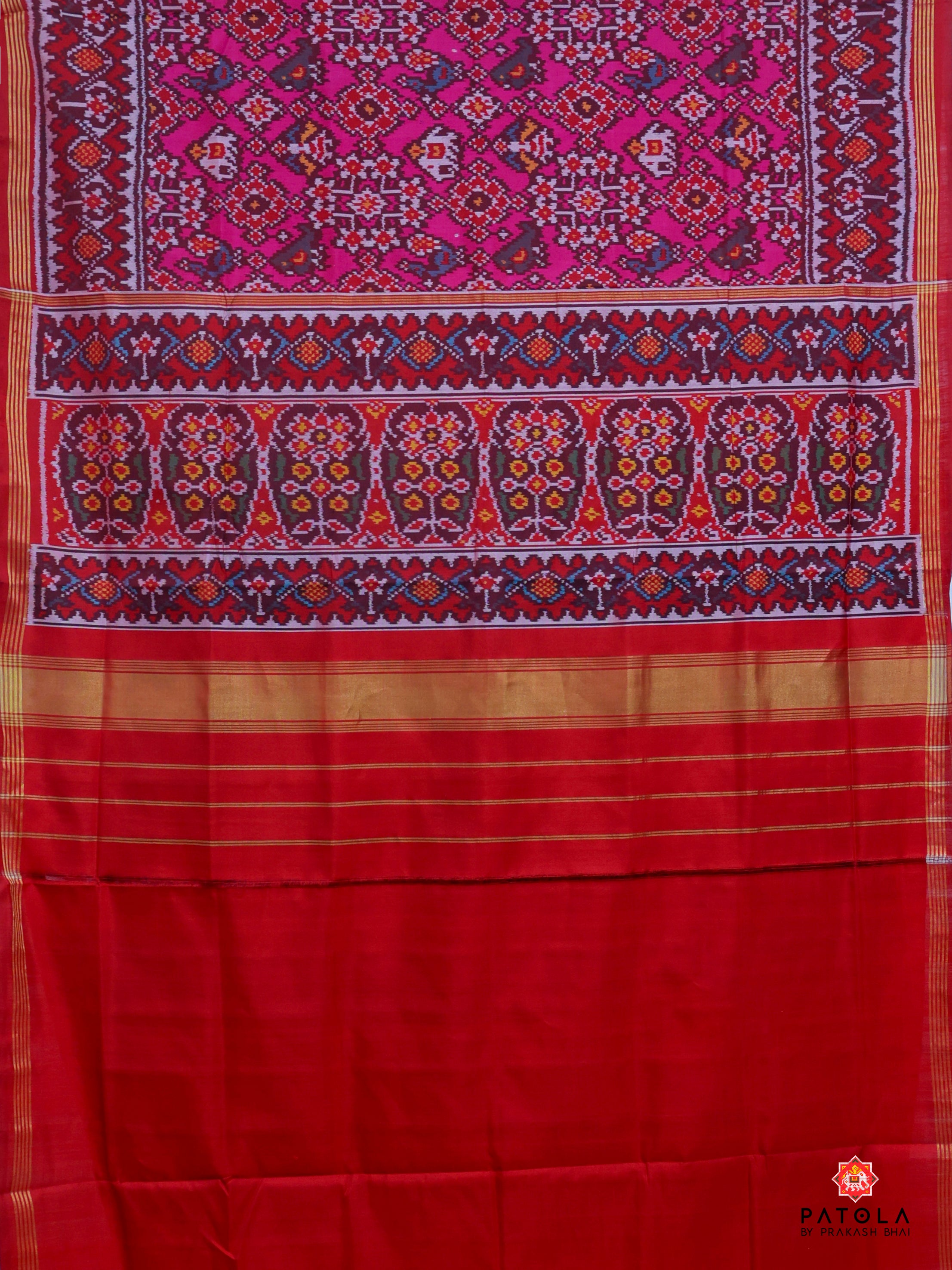 Pink Hathi Popat - Navratna Mix Design Semi Double Ikat Patola Saree