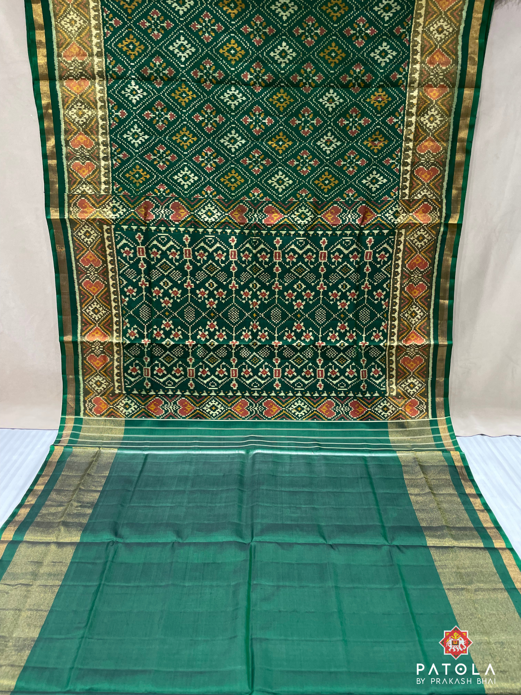 Green Chanda Bhat Design With Selaari Border Single Ikat Patola Saree