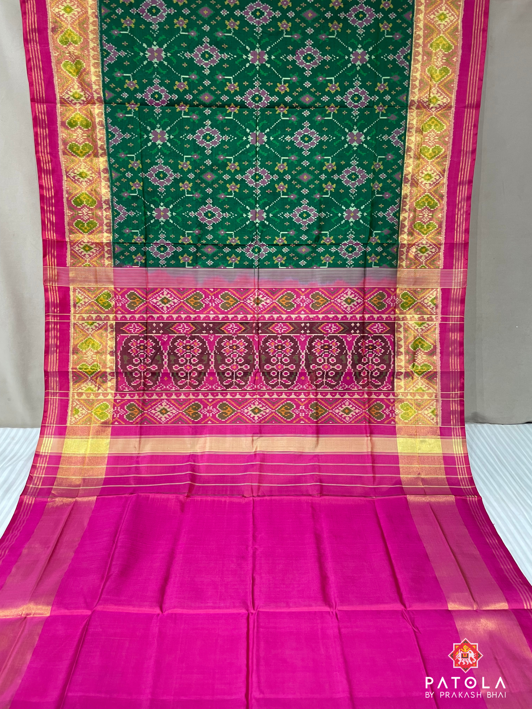 Green With Pink Traditional Navratna Design Single Ikat Patola Saree